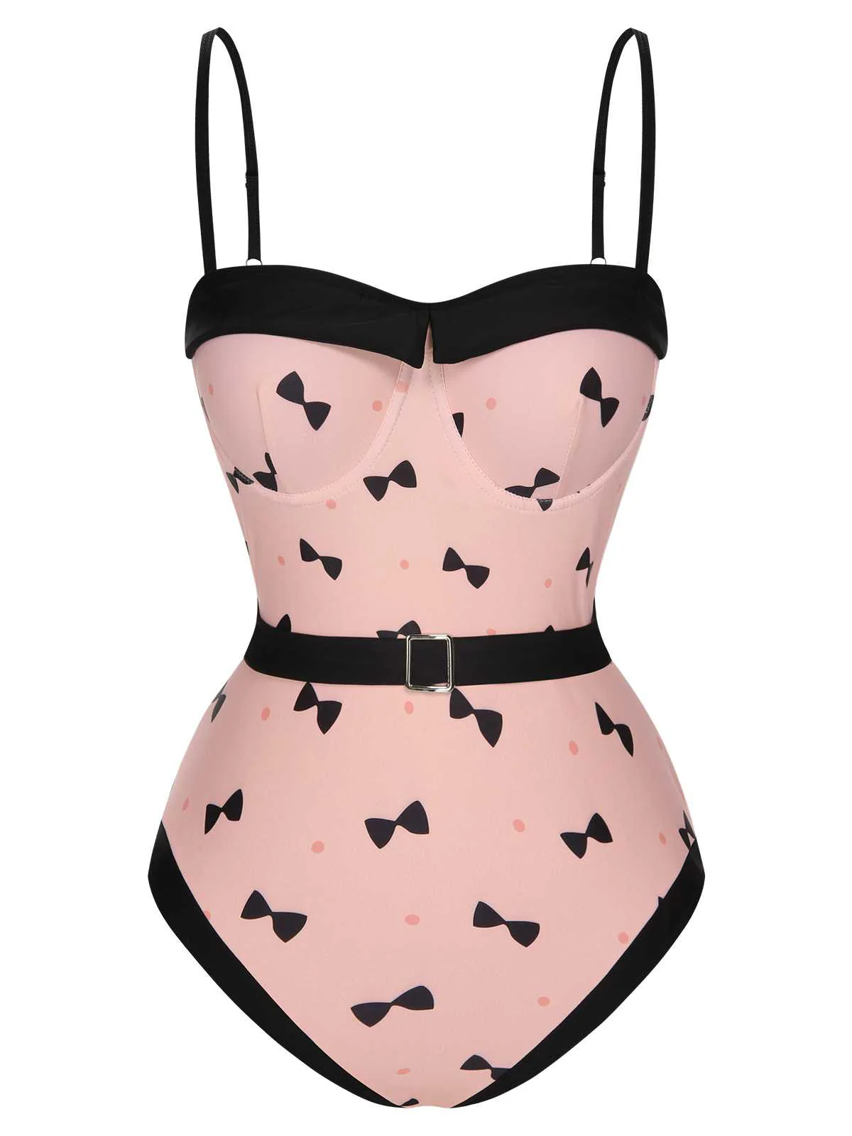 Pink 1950s Bow Polka Dots Print One-Piece Swimsuit - Image 2