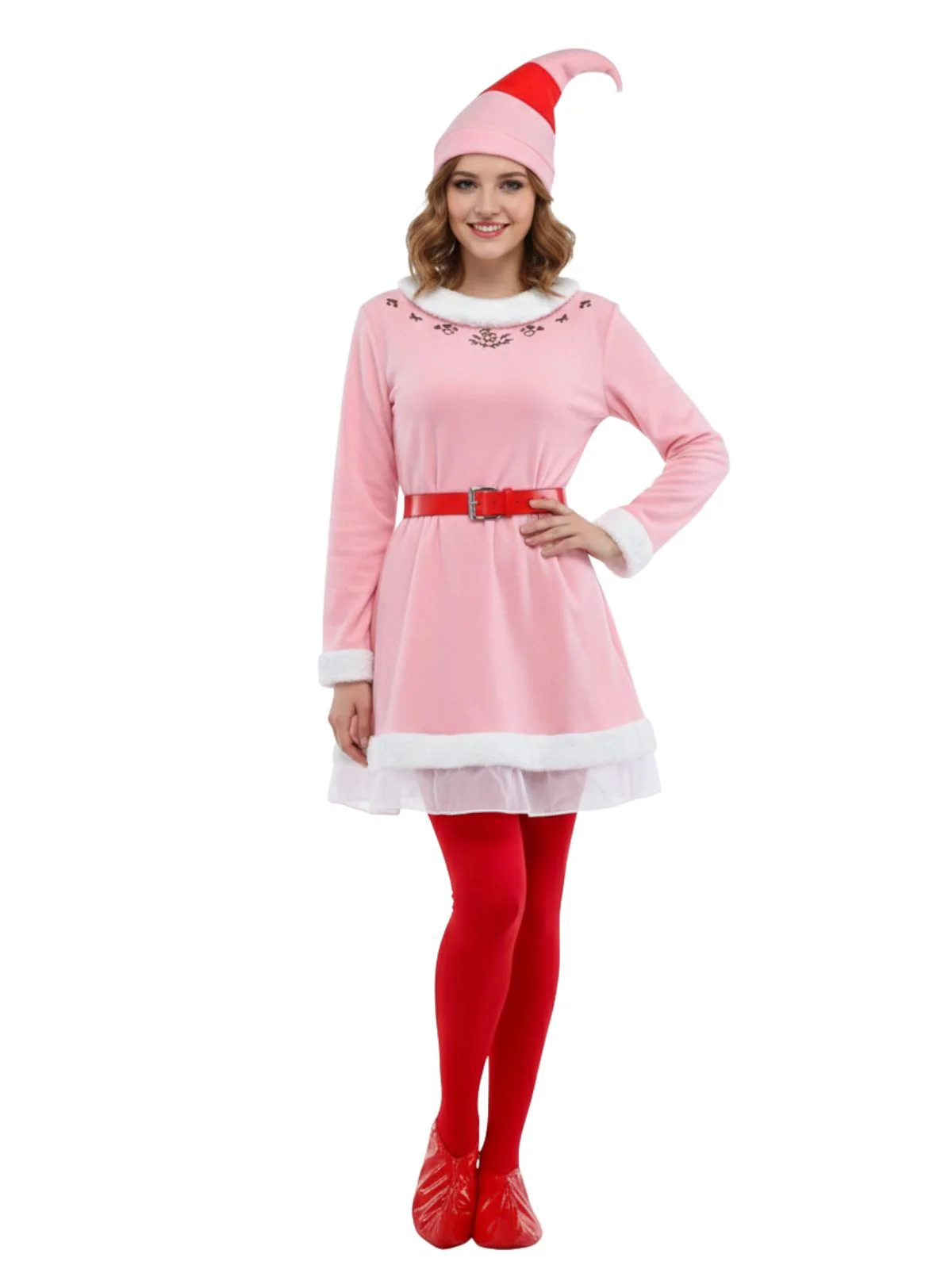 Pink 1950s Christmas Elf Plush-Edged Dress Set