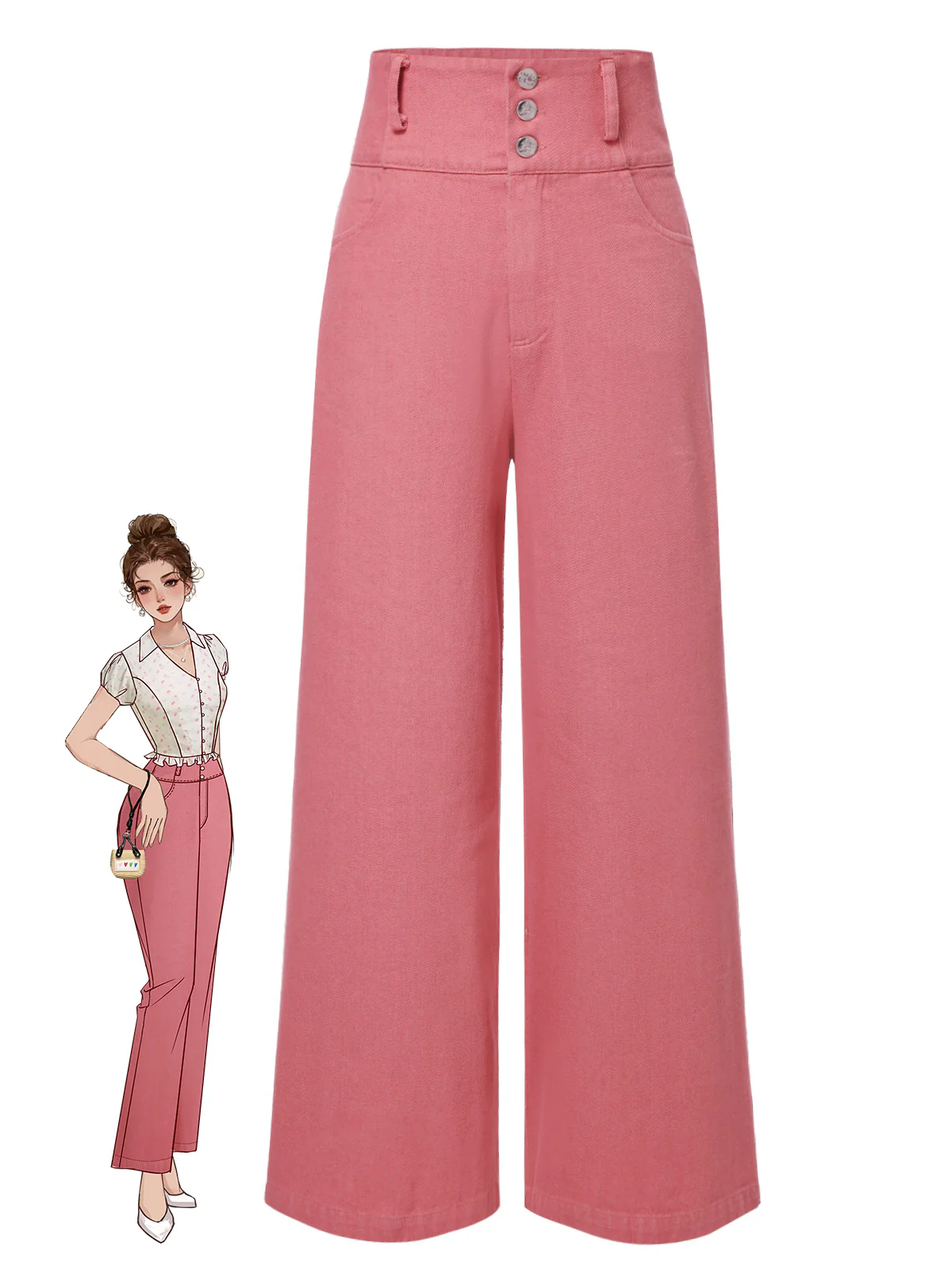 Pink 1950s Cotton Rose Button Pants