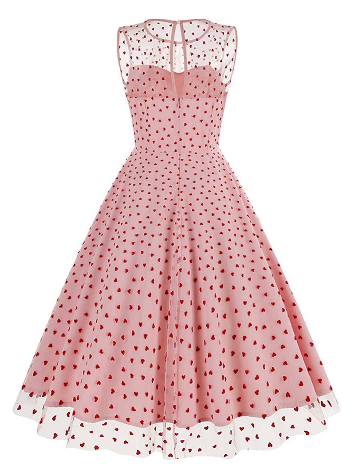 Pink 1950s Flocked Heart Mesh Patchwork Dress - Image 3