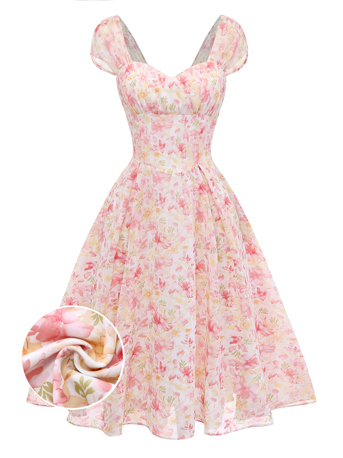 Pink 1950s Floral Sweetheart Neck Bow Dress