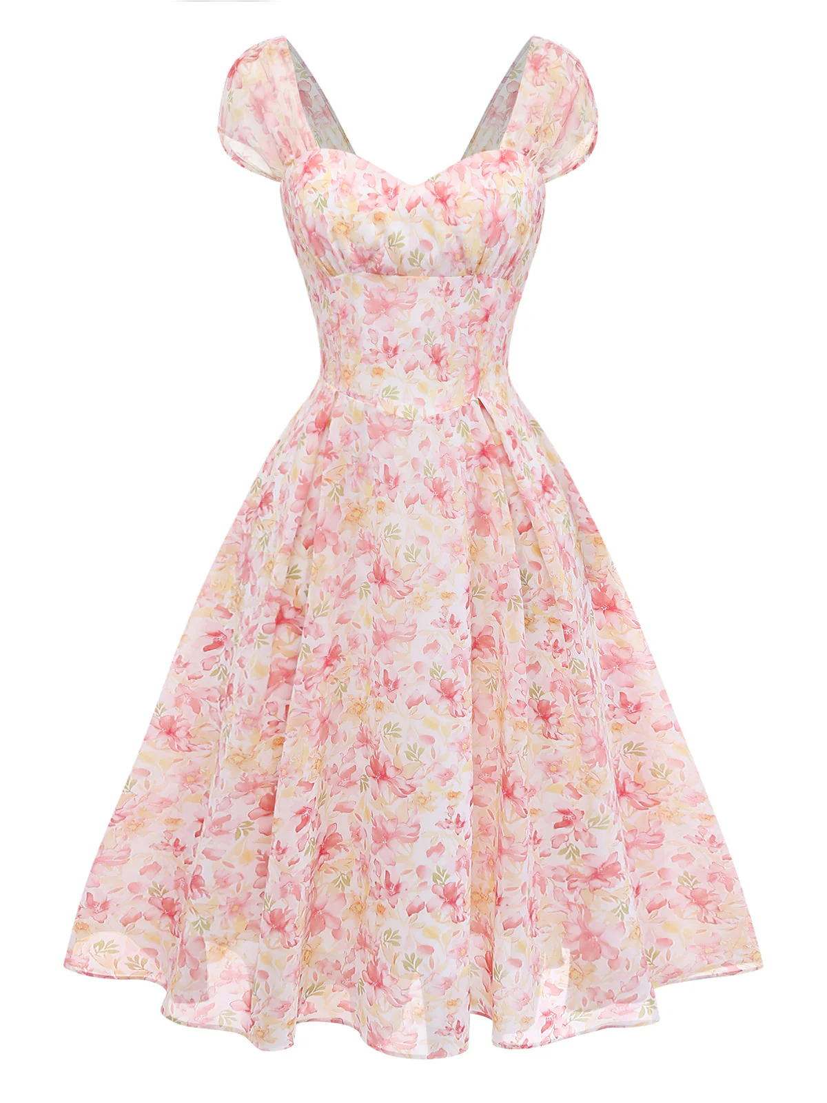 Pink 1950s Floral Sweetheart Neck Bow Dress - Image 2