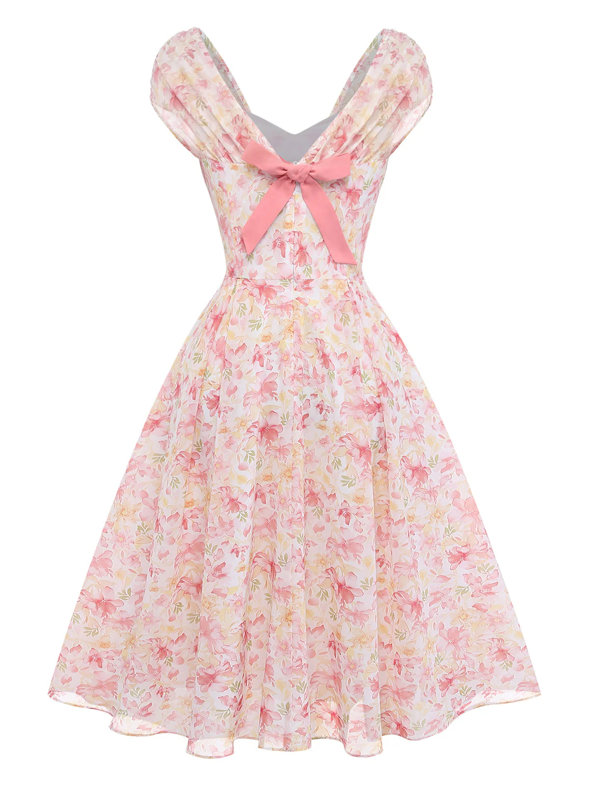 Pink 1950s Floral Sweetheart Neck Bow Dress - Image 3