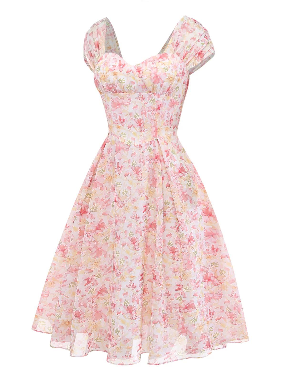 Pink 1950s Floral Sweetheart Neck Bow Dress - Image 4