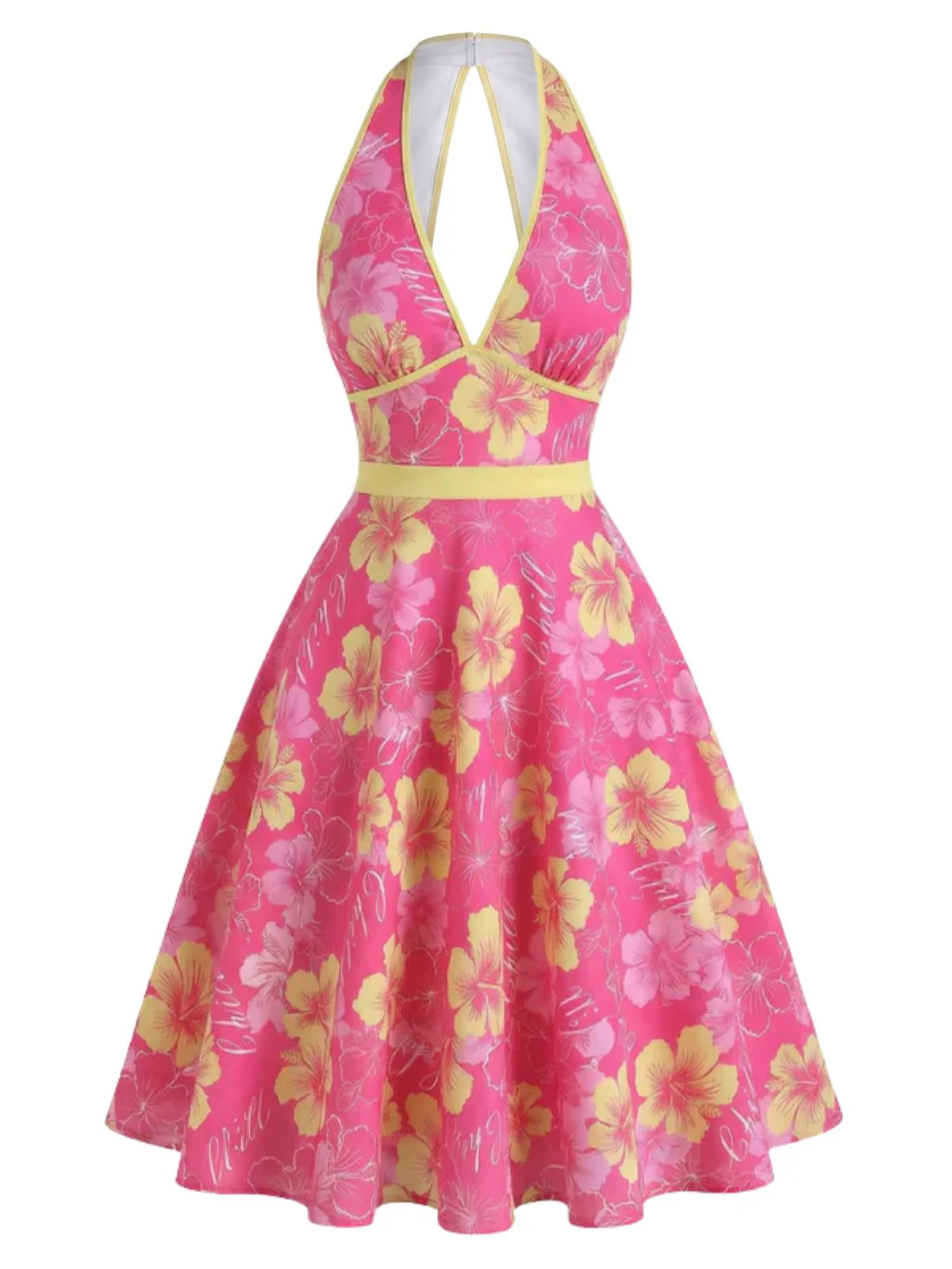 Pink 1950s Floral V-Neck Dress - Image 13