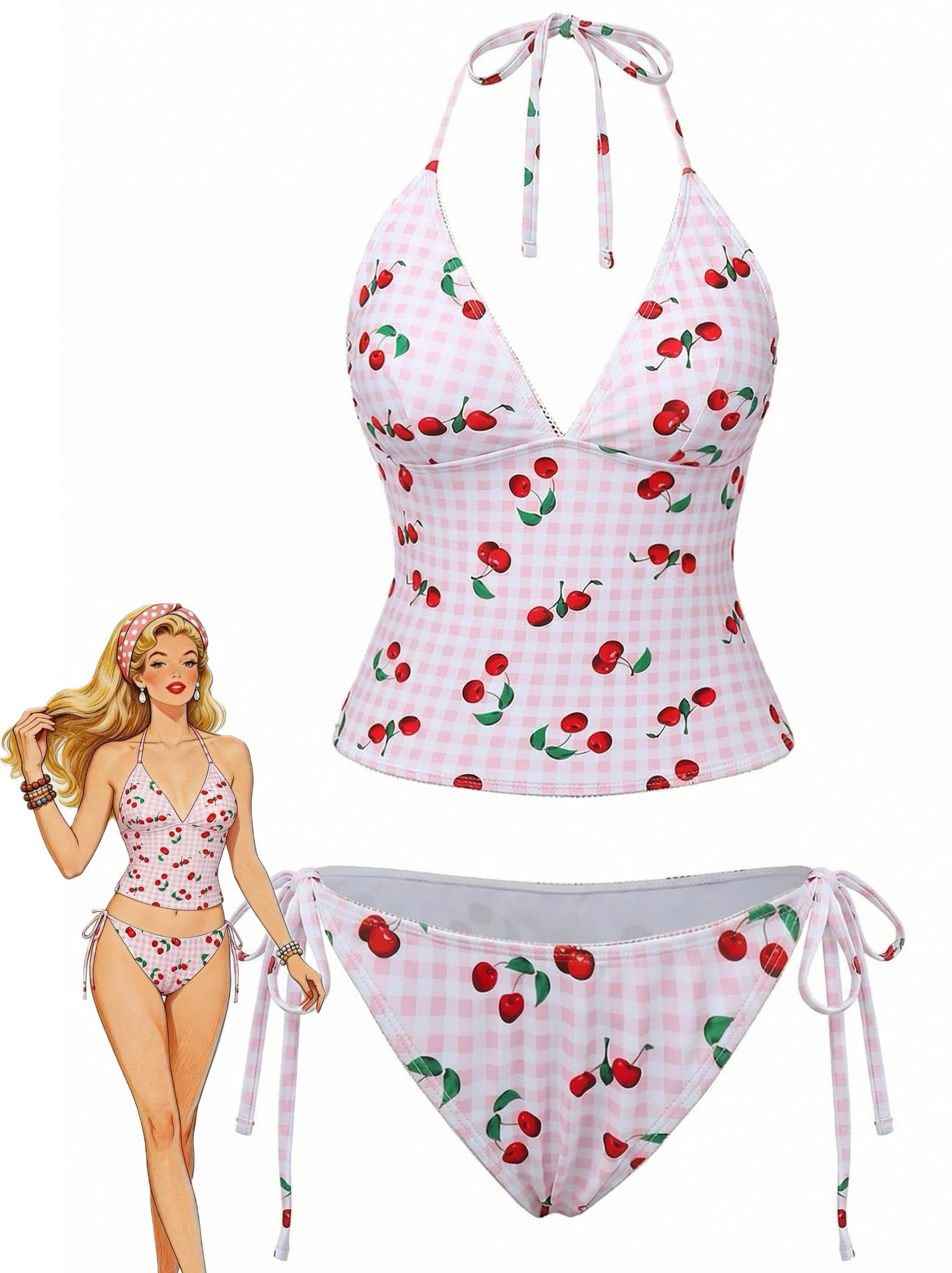 Pink 1950s Gingham Cherry Print Halter Tankini Set