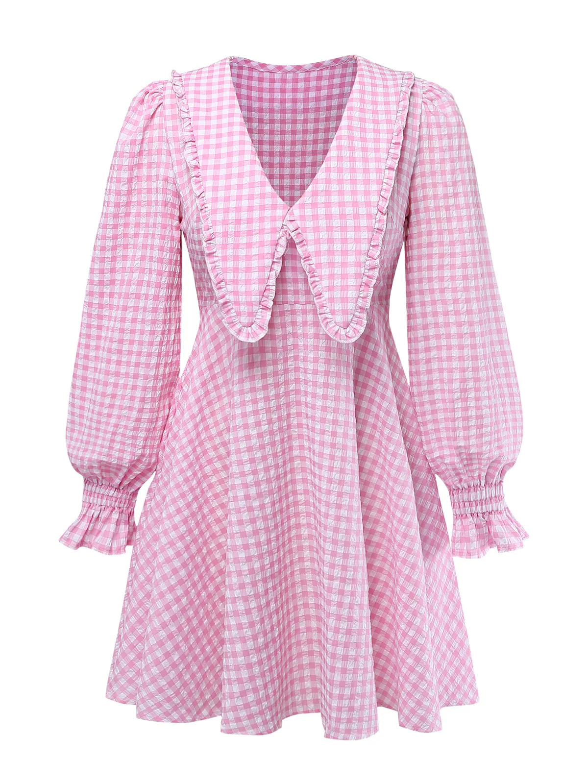 Pink 1950s Gingham Ruffled Lapel Puff Sleeve Dress - Image 2