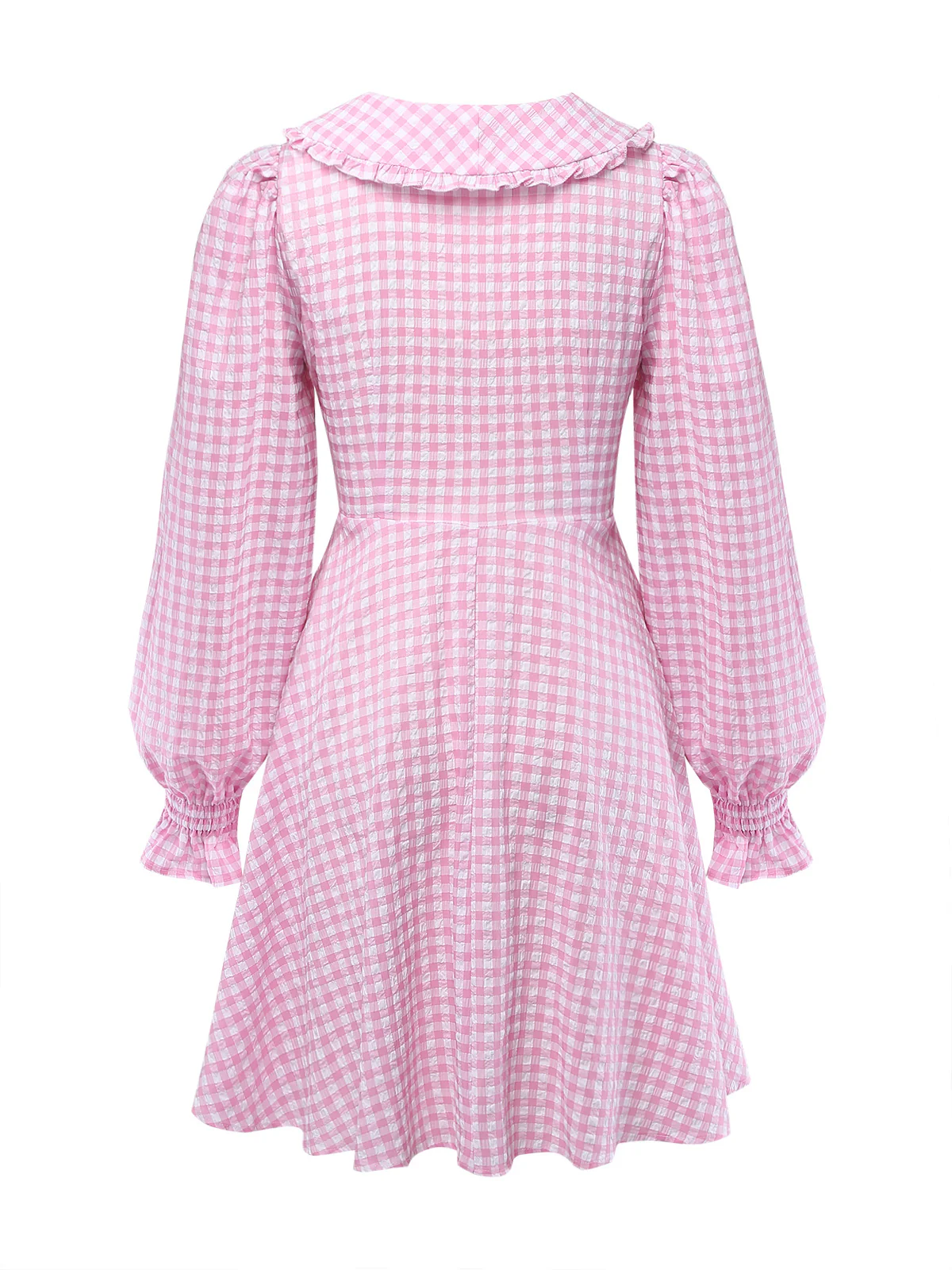 Pink 1950s Gingham Ruffled Lapel Puff Sleeve Dress - Image 3