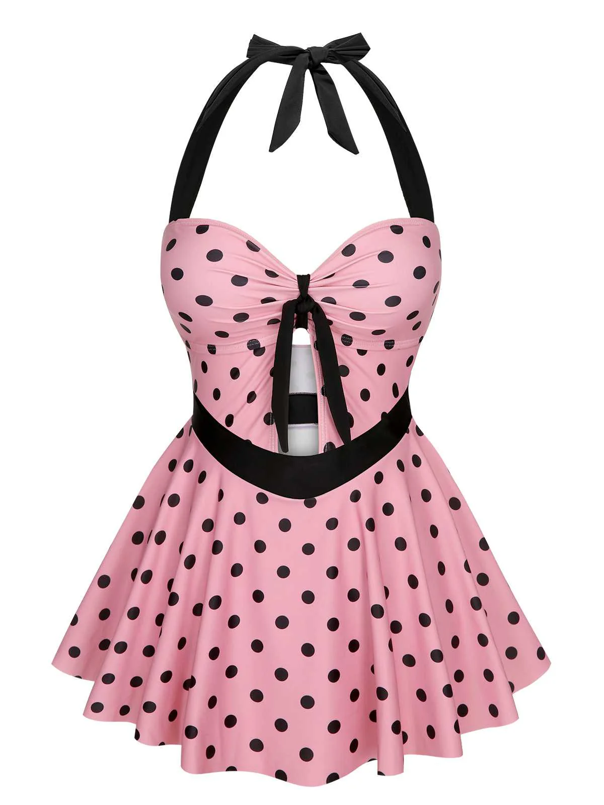 Pink 1950s Halter Polka Dots One-Piece Swimsuit - Image 2