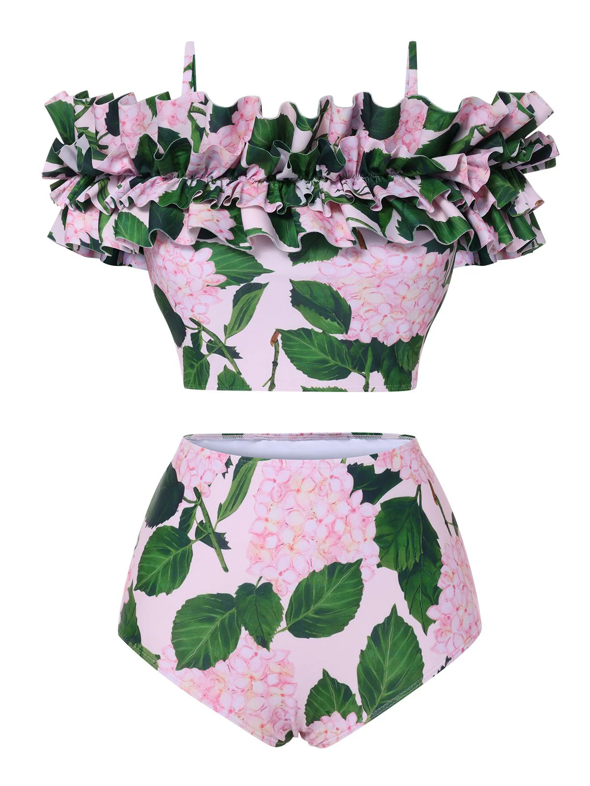 Pink 1950s Cold-Shoulder Floral Ruffle Swimsuit