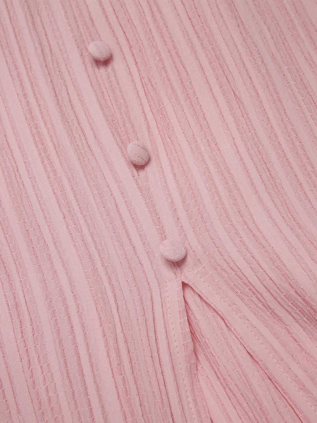 Pink 1950s Pinstripe V-Neck Puff Sleeves Ruched Dress - Image 3