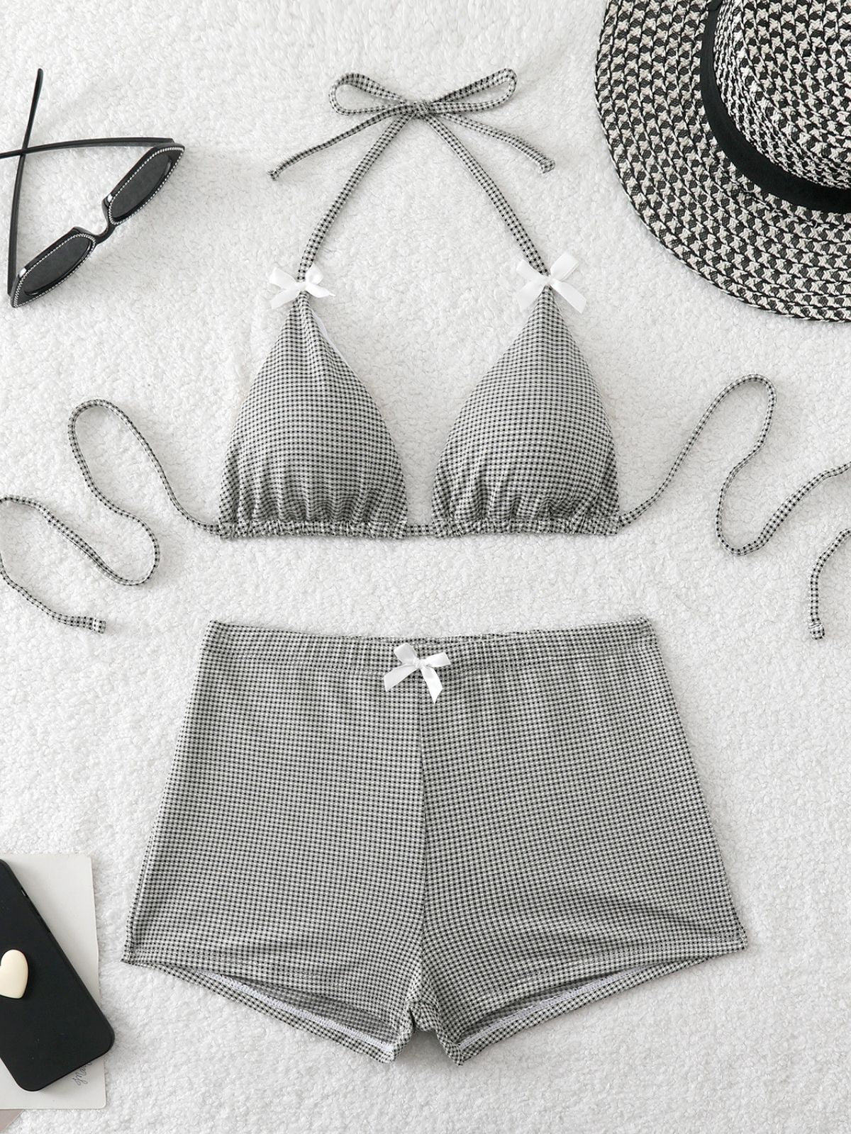 Pink 1950s Plaid Bow High-Waist Bikini Set - Image 13