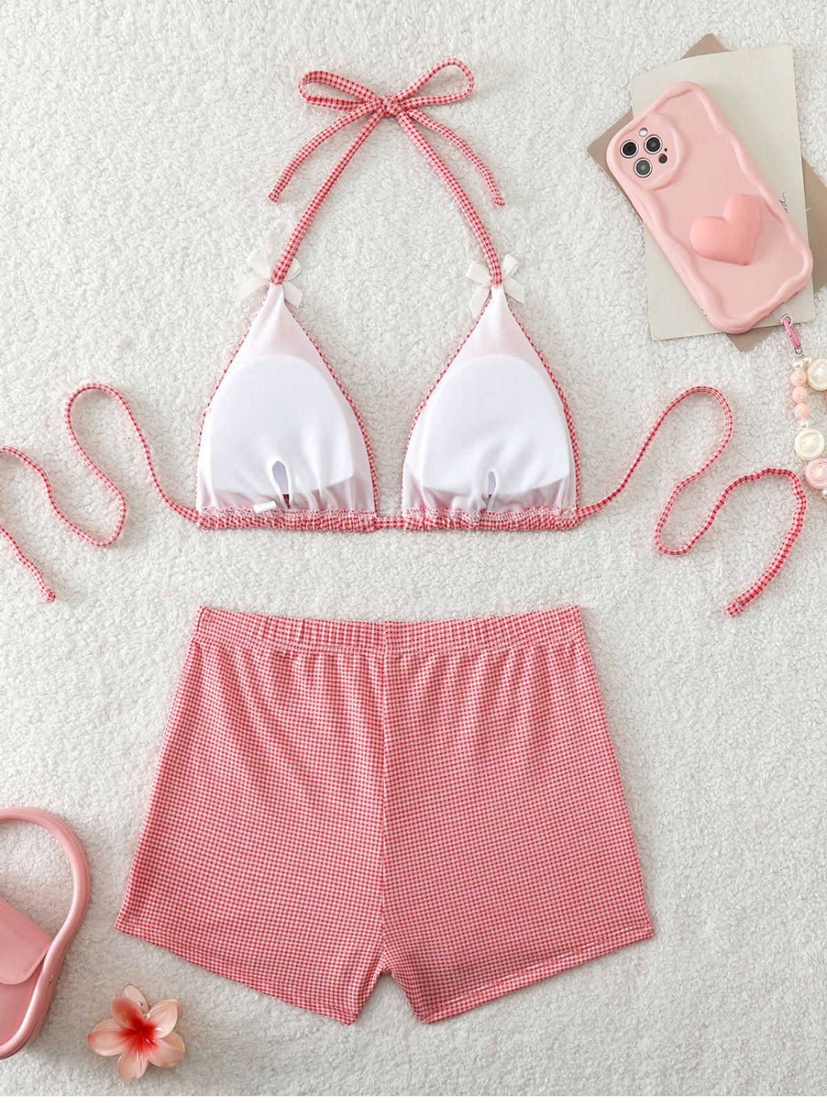 Pink 1950s Plaid Bow High-Waist Bikini Set - Image 7