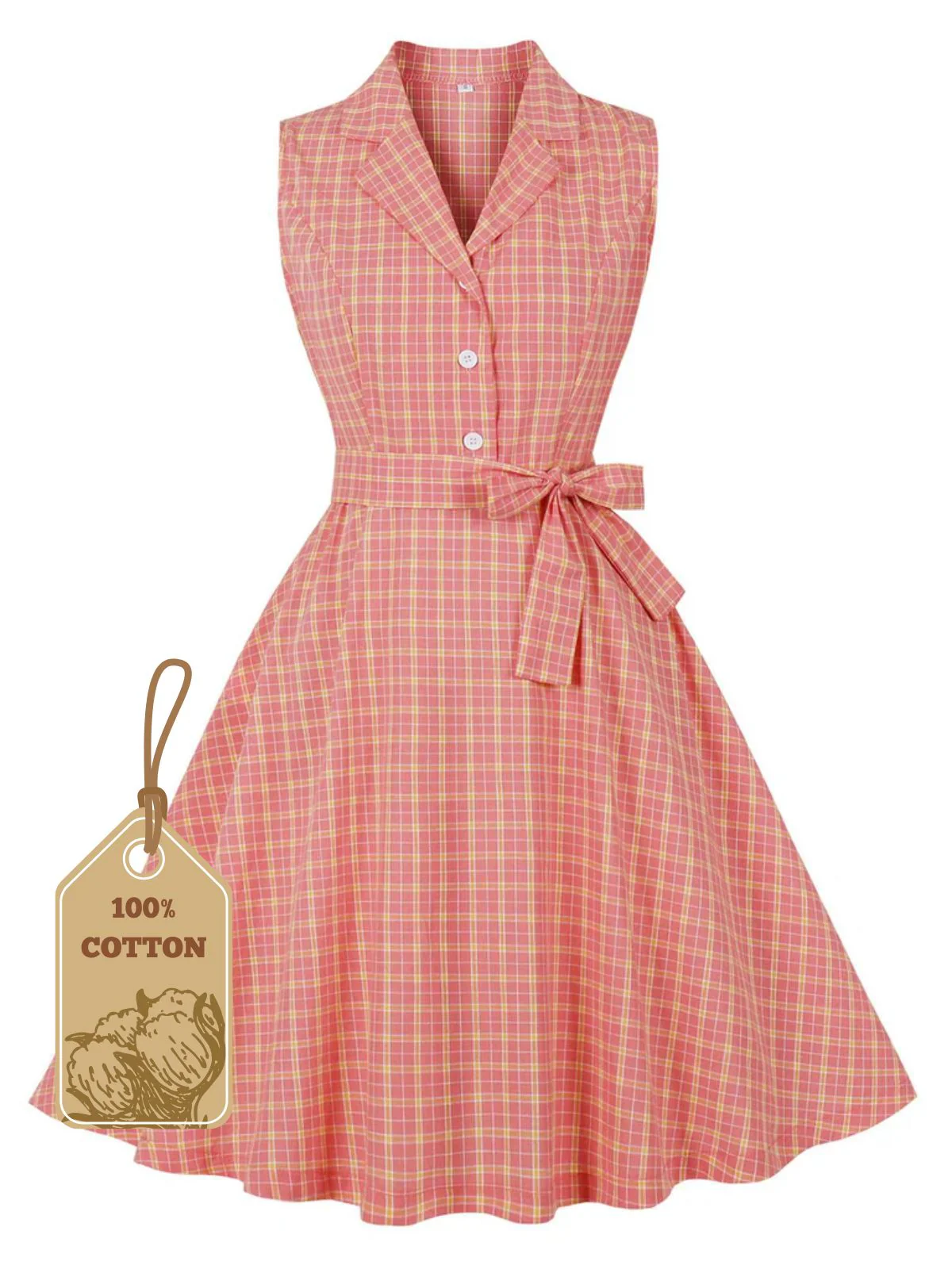 Pink 1950s Plaid Buttoned Lapel Belted Dress