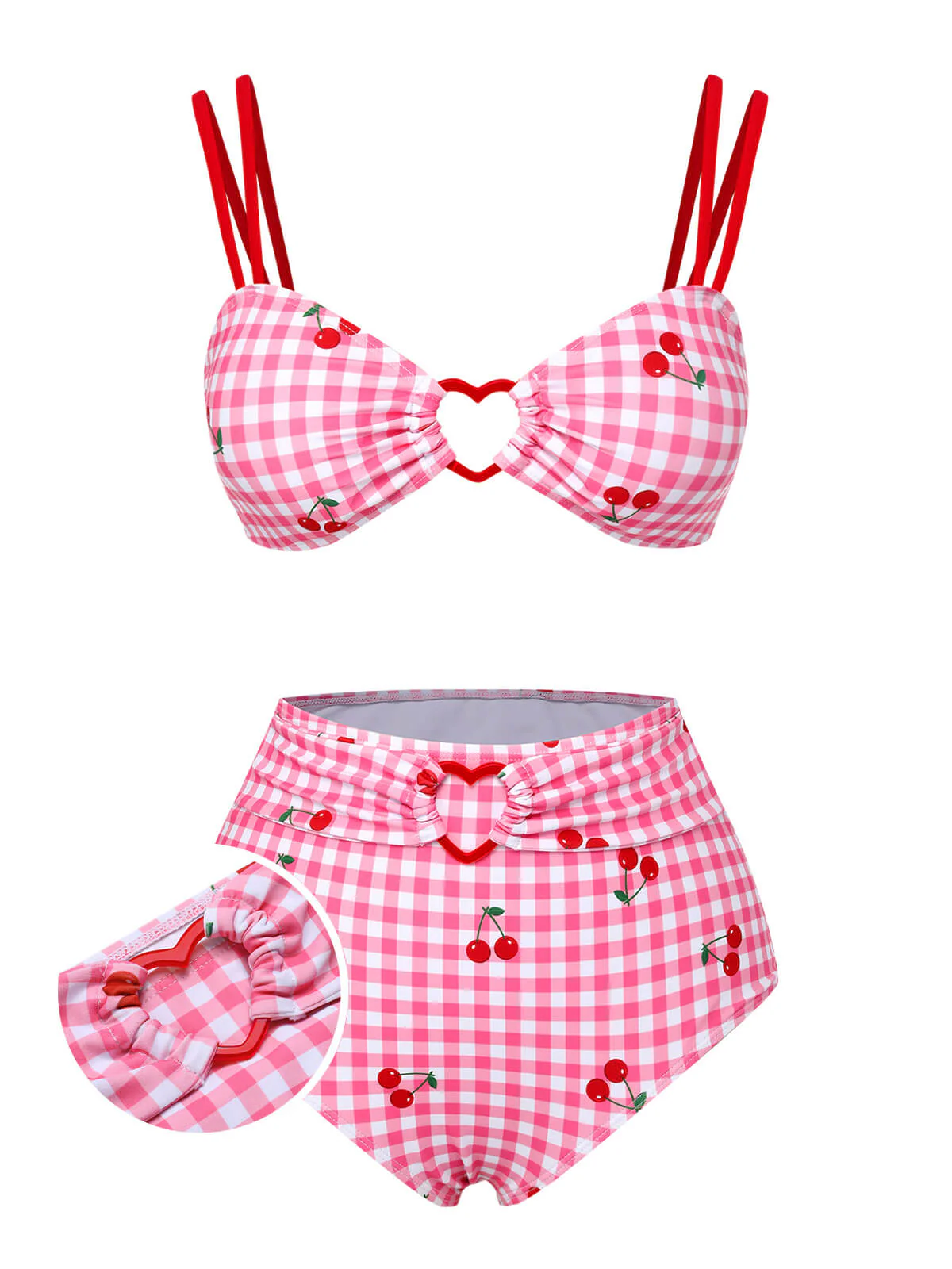 [US Warehouse] Pink 1950s Plaid & Cherry Strap Swimsuit