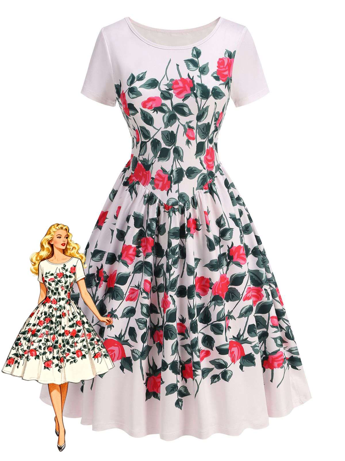 Pink 1950s Rose & Green Leaf Swing Dress
