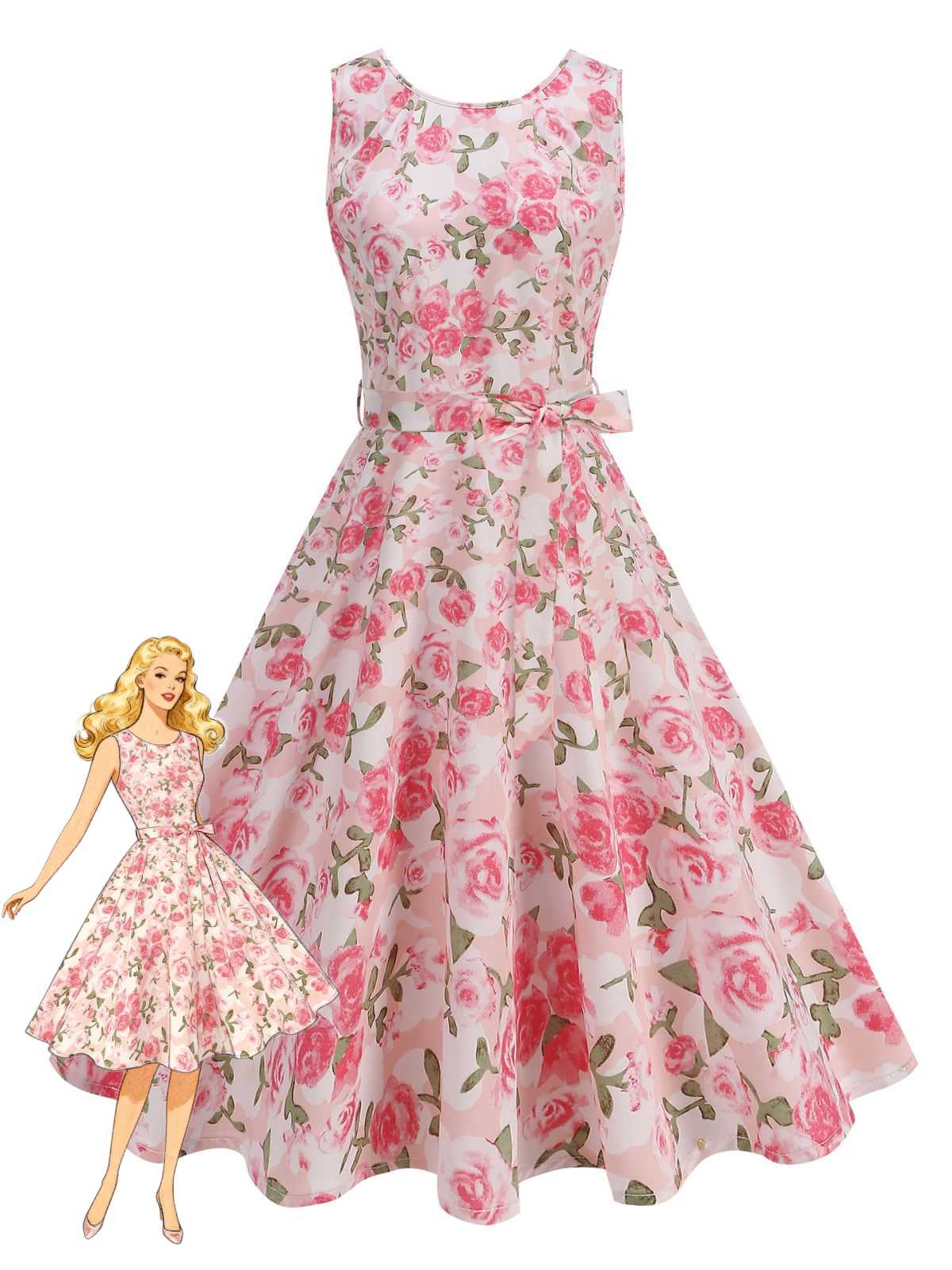 Pink 1950s Round Neck Roses Belted Dress