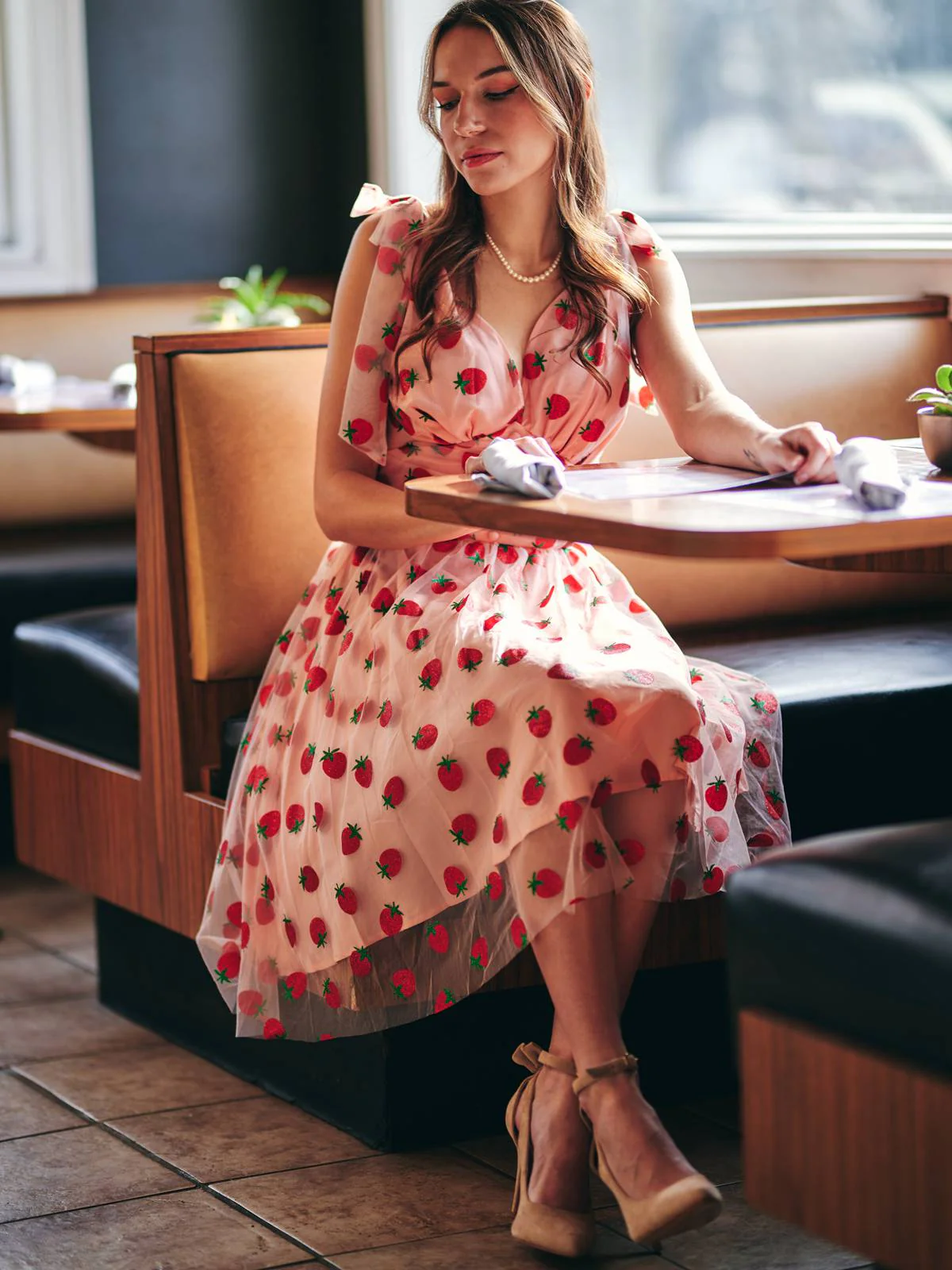 Pink 1950s Strawberry Mesh Swing Dress