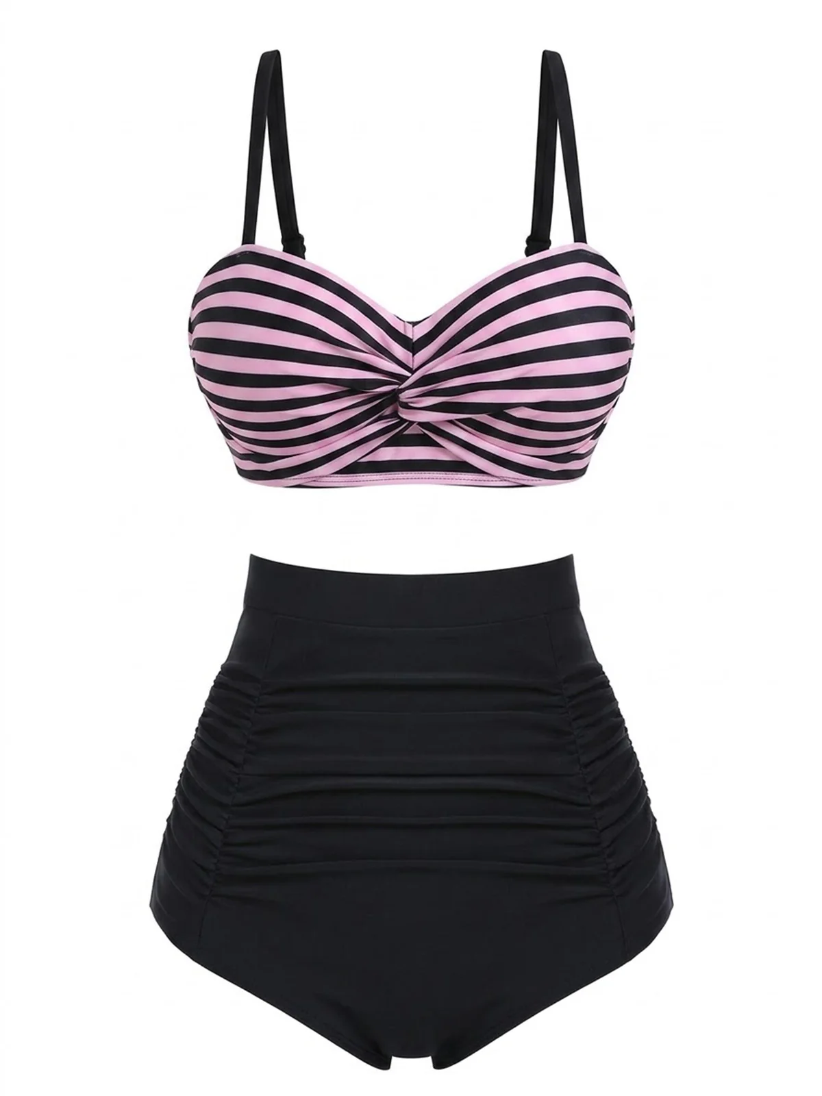 Pink 1950s Stripe Spaghetti Strap Bikini Set
