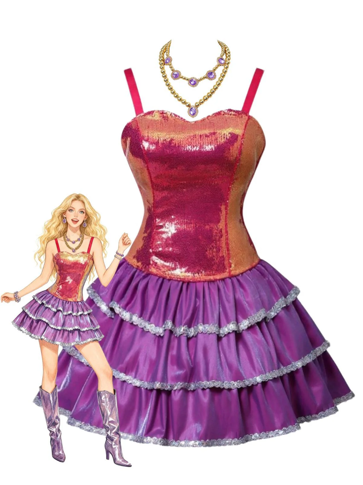 Pink 1960s Barbie Sequin Strap Ruffled Dress