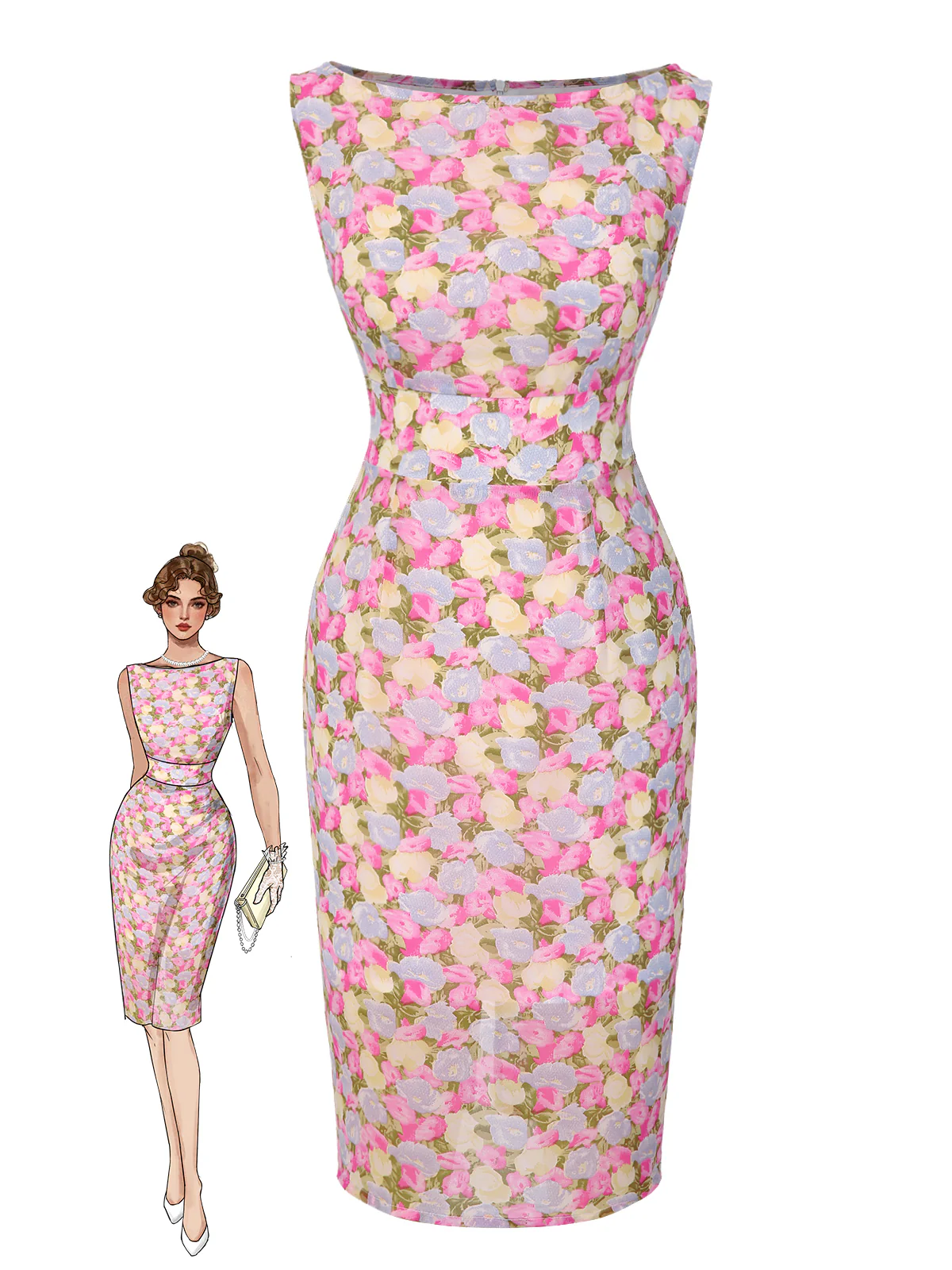 Pink 1960s Boat Neck Floral Bodycon Dress