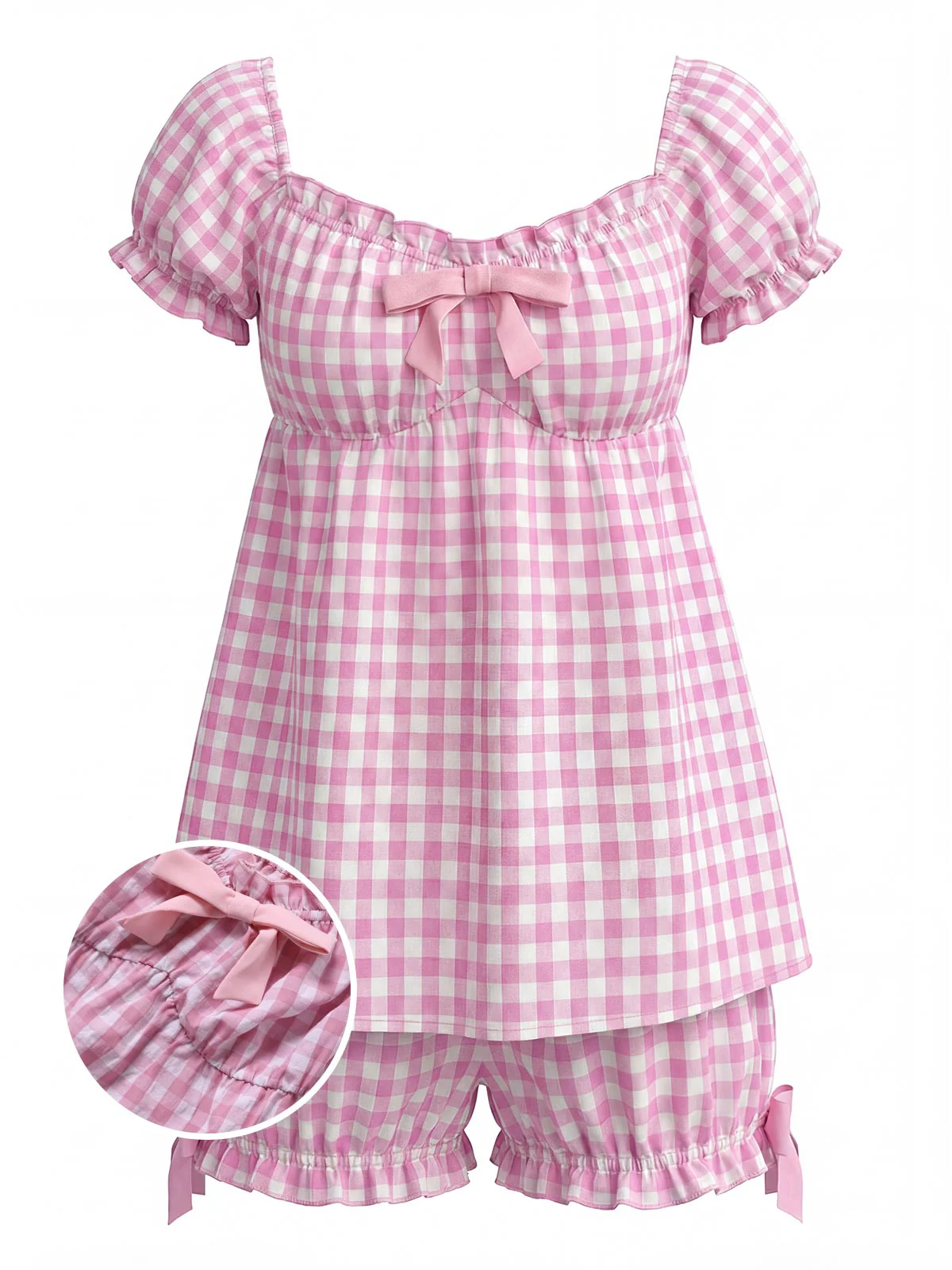 Pink 1960s Bow Gingham Ruffle Pajama Set