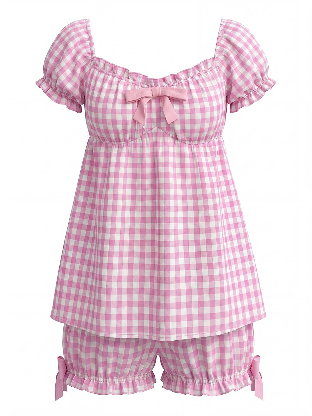 Pink 1960s Bow Gingham Ruffle Pajama Set - Image 2