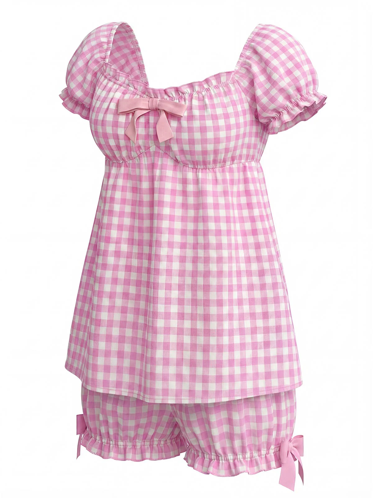 Pink 1960s Bow Gingham Ruffle Pajama Set - Image 3