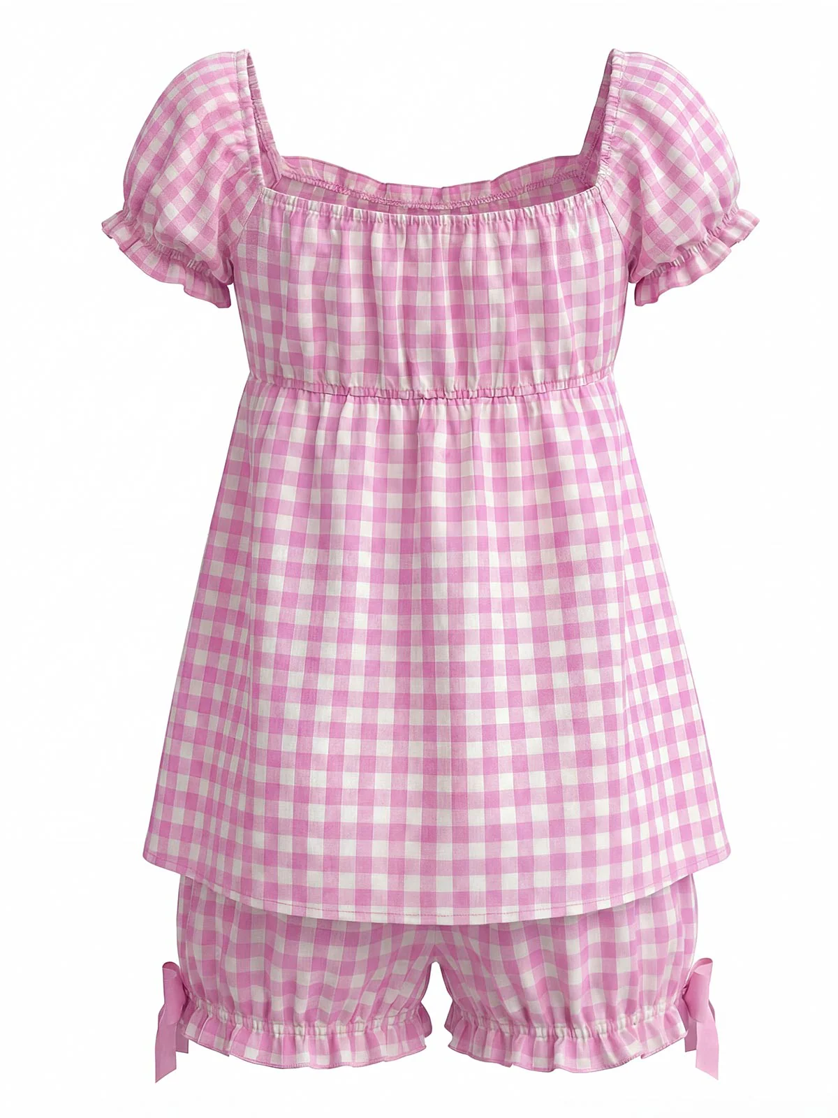 Pink 1960s Bow Gingham Ruffle Pajama Set - Image 4