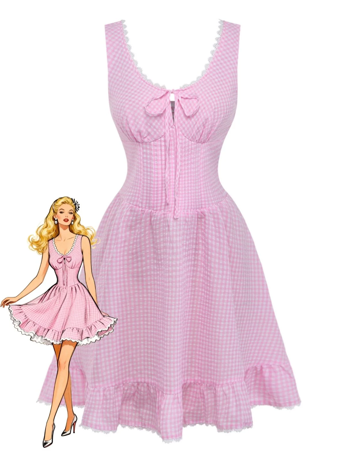 Pink 1960s Bow Lace Gingham Lace-up Dress