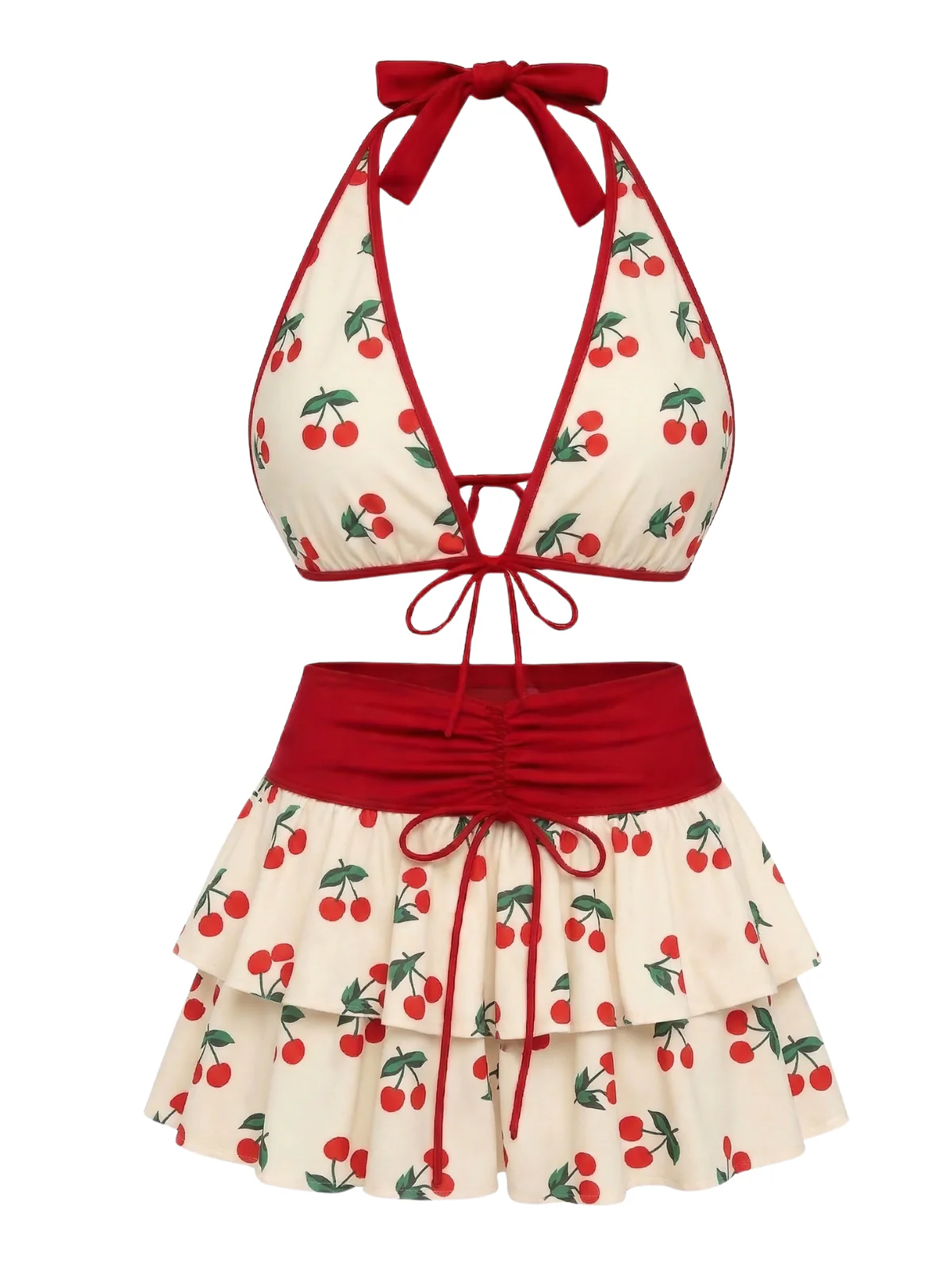 Pink 1960s Cherry Print Tie-Front Layered Bikini Set