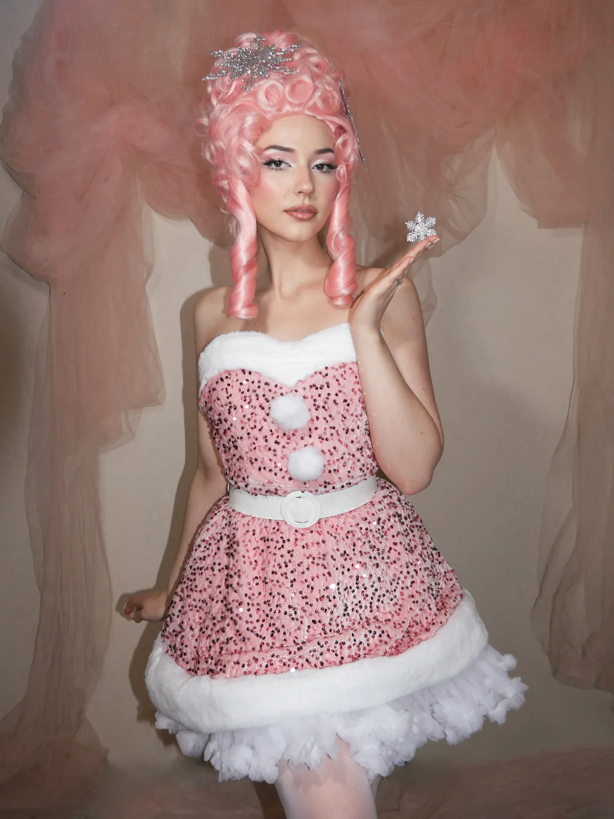 Pink 1960s Christmas Fur Sequin Strapless Dress