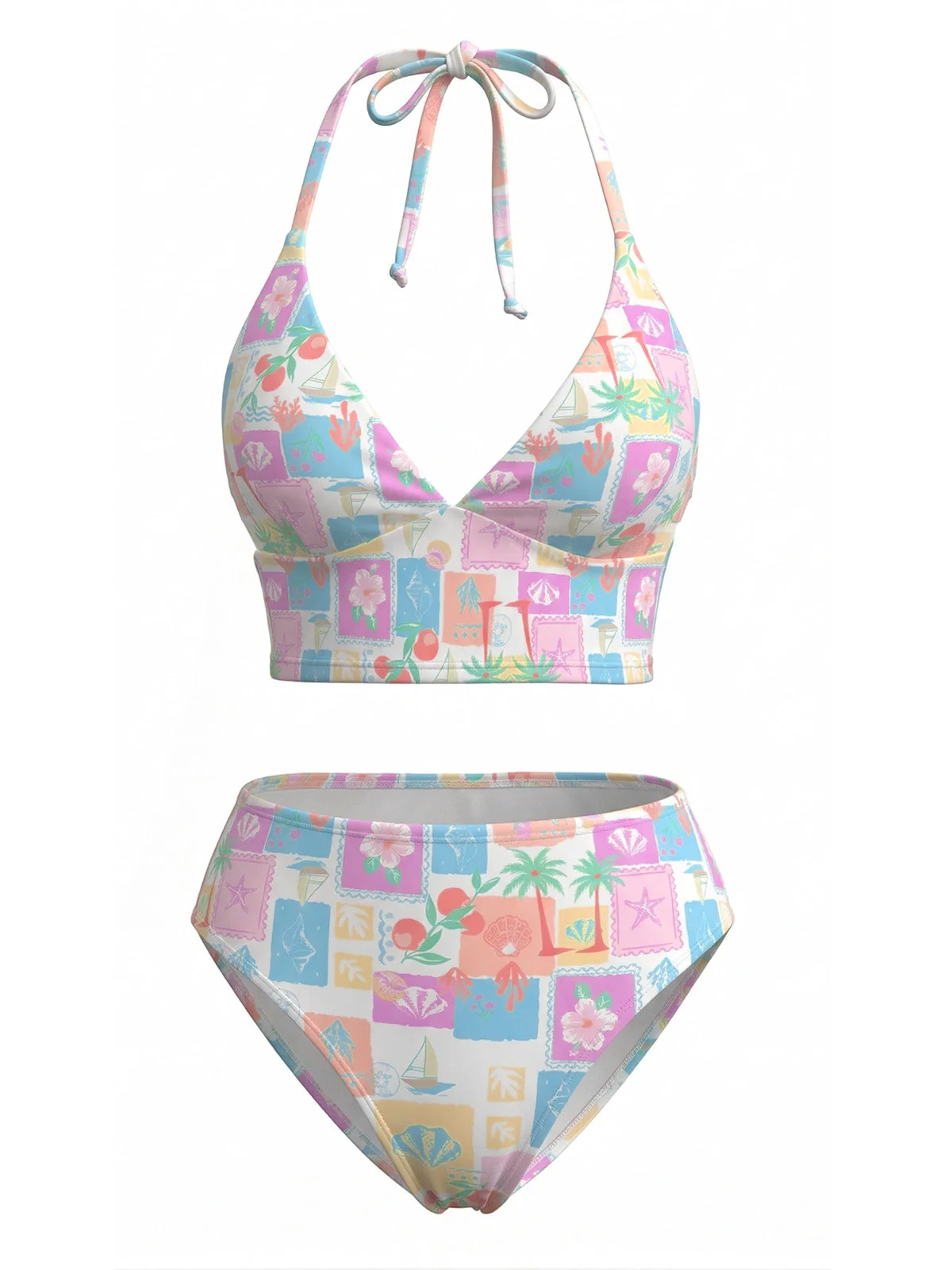 Pink 1960s Floral Plaid V-Neck Halter Bikini Set - Image 2