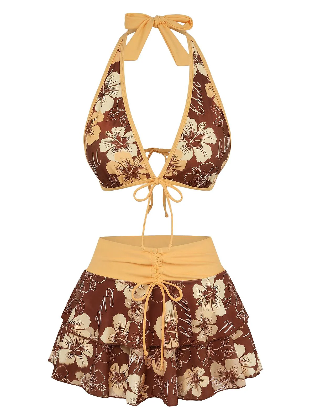 Pink 1960s Floral Print Tie-Front Layered Bikini Set - Image 10