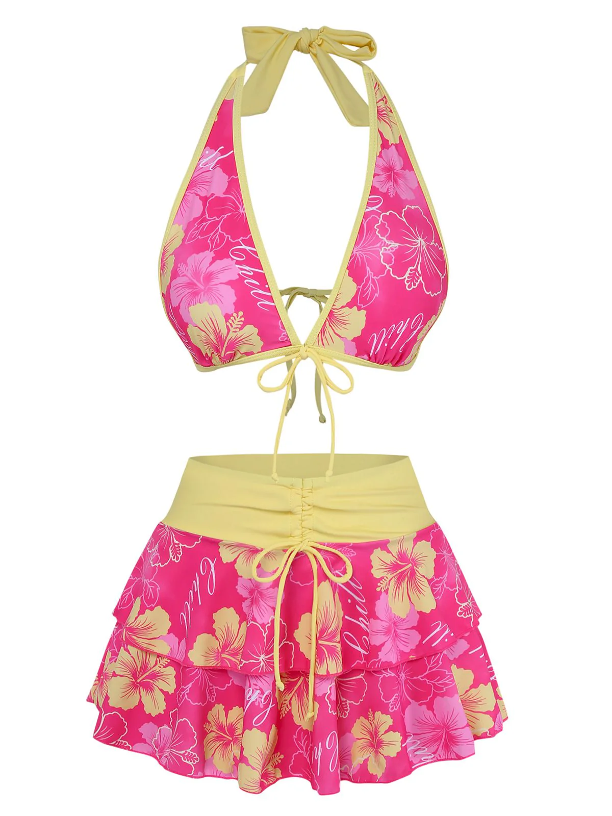Pink 1960s Floral Print Tie-Front Layered Bikini Set - Image 2