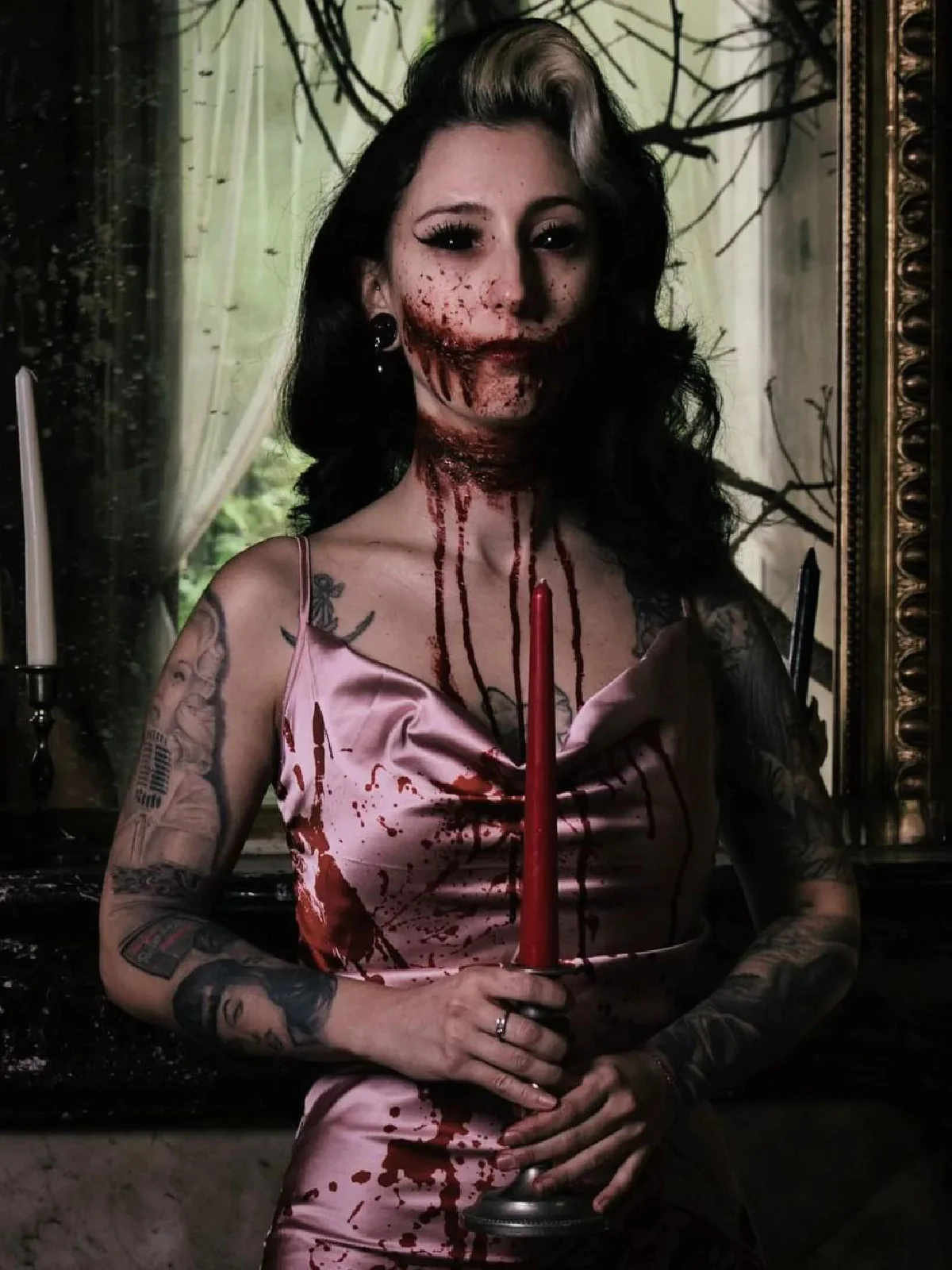 Pink 1930s Halloween Blood Fishtail Dress - Image 2