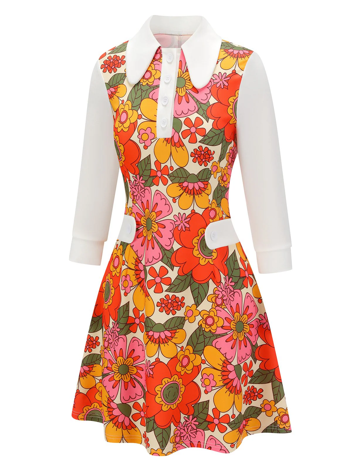 Orange 1960s Lapel Flowers Patchwork Dress - Image 3