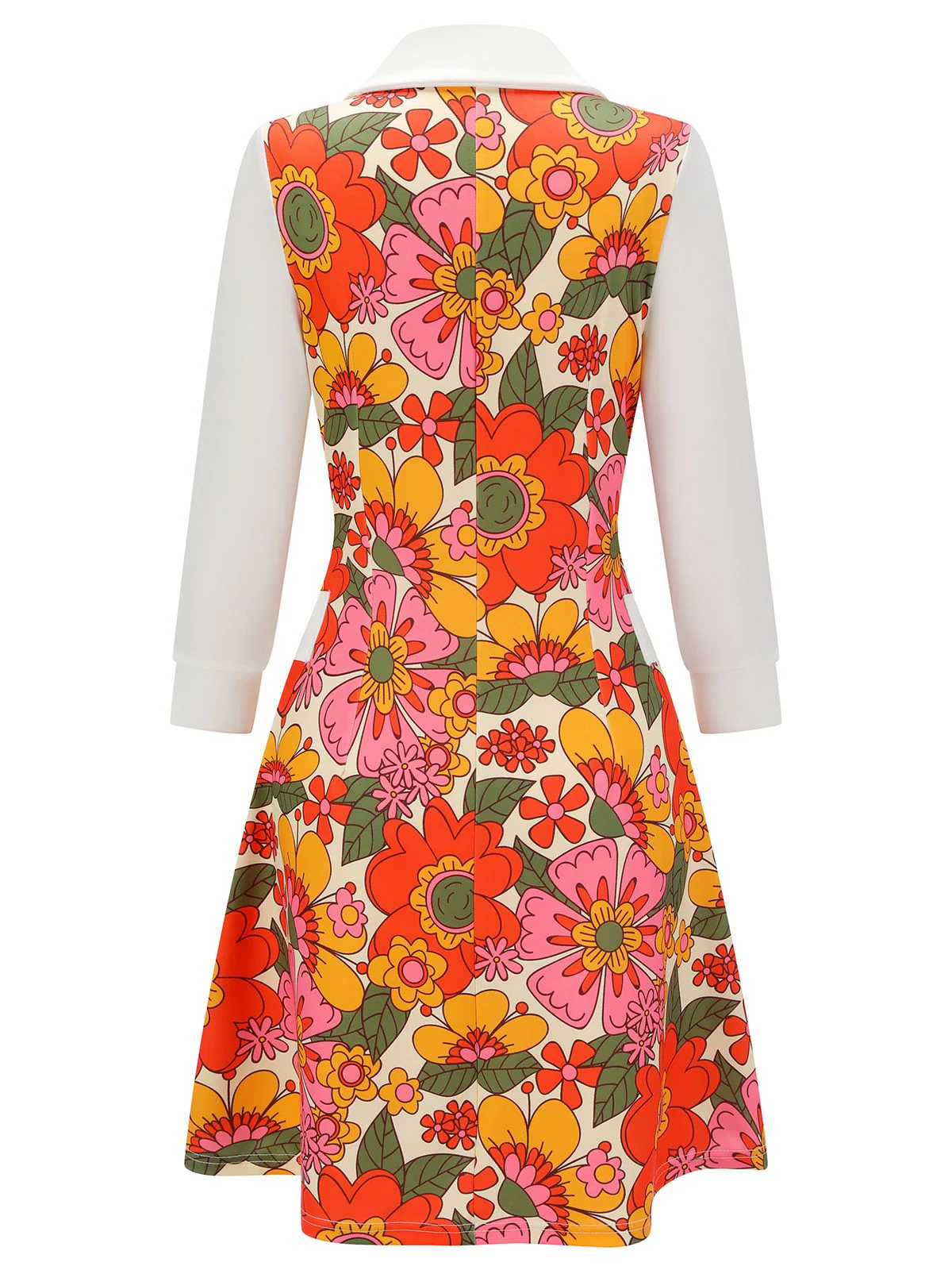 Orange 1960s Lapel Flowers Patchwork Dress - Image 4