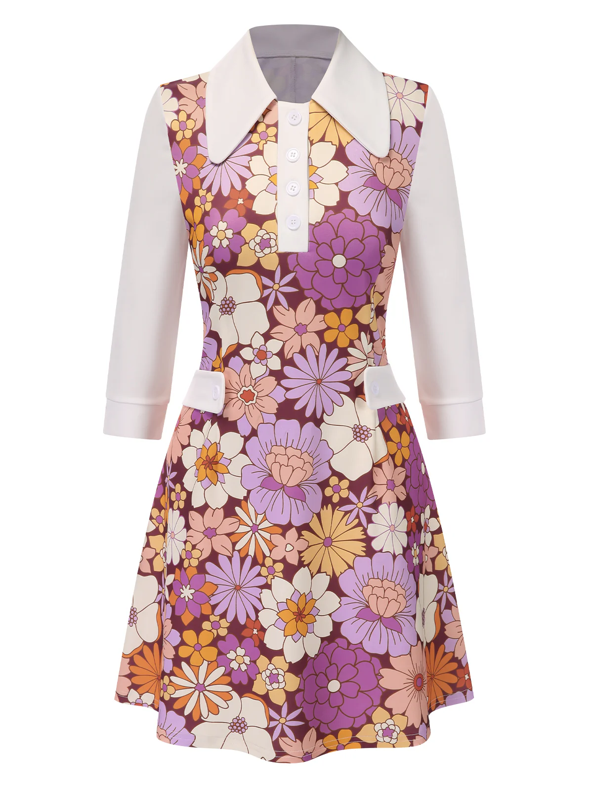 Orange 1960s Lapel Flowers Patchwork Dress - Image 15
