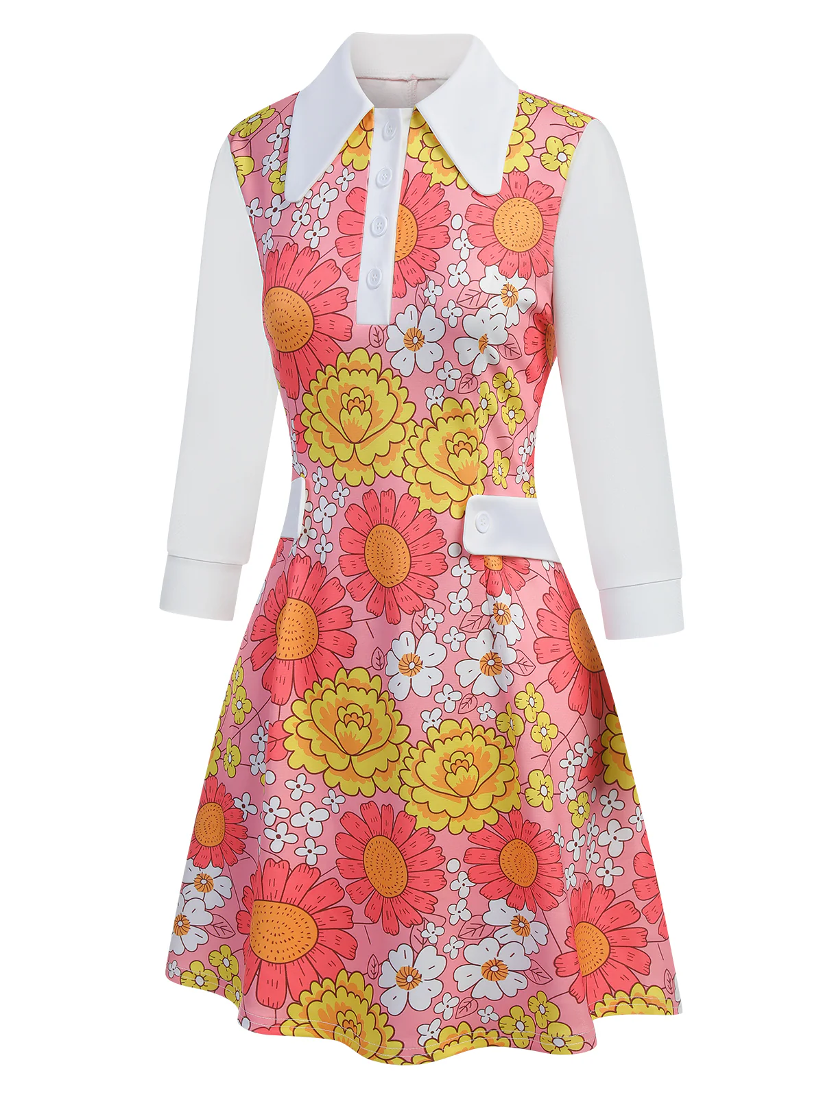 Orange 1960s Lapel Flowers Patchwork Dress - Image 11