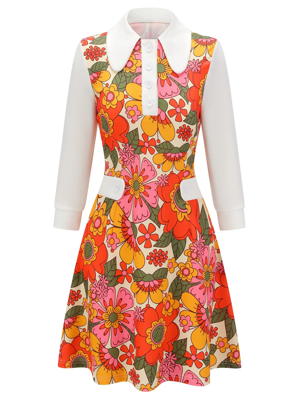 Orange 1960s Lapel Flowers Patchwork Dress - Image 2