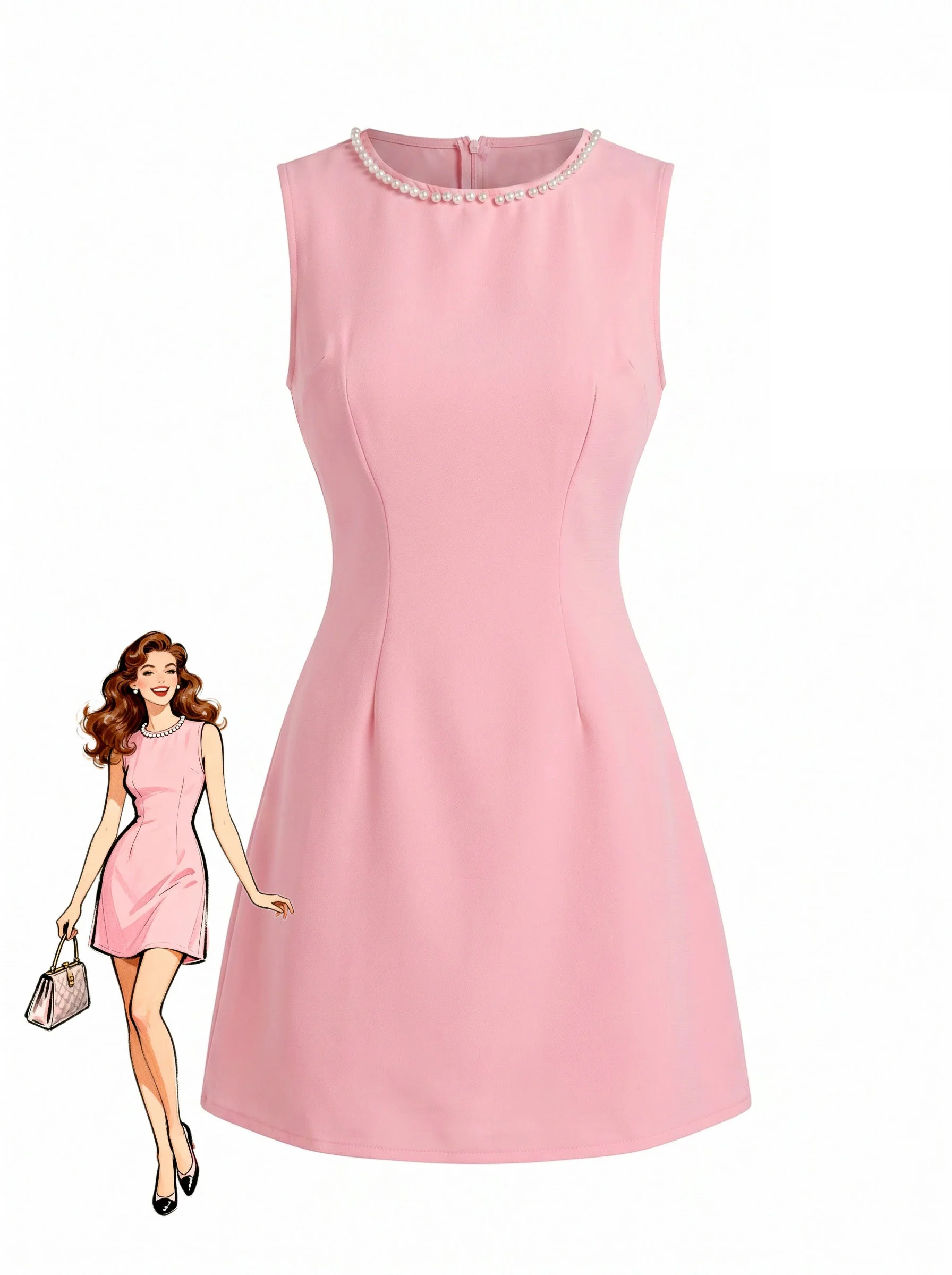 Pink 1960s Pearl Sleeveless Round Neck A-Line Dress