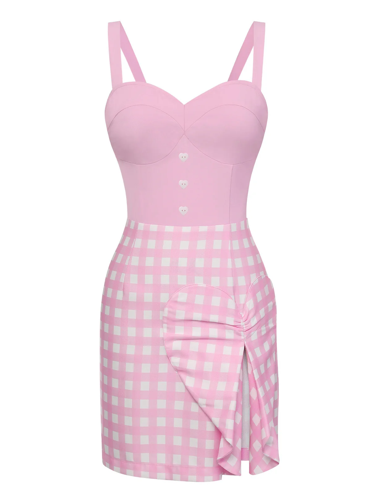 Pink 1960s Plaid Heart Slit Strap Dress - Image 2