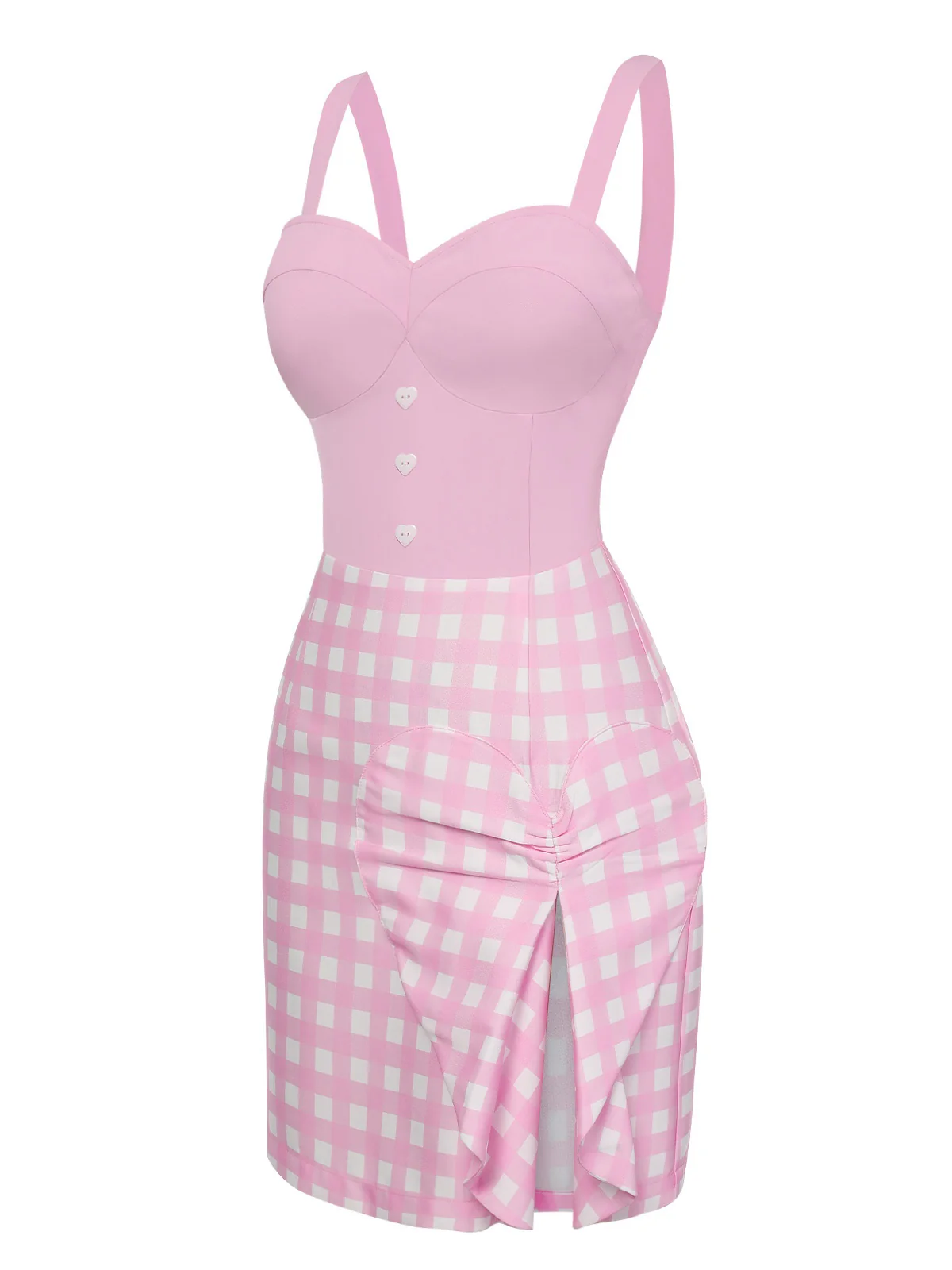 Pink 1960s Plaid Heart Slit Strap Dress - Image 3