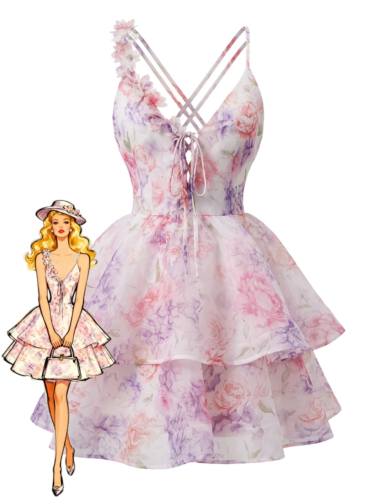 Pink 1960s Plunging 3D Flower Tiered Backless Mini Dress