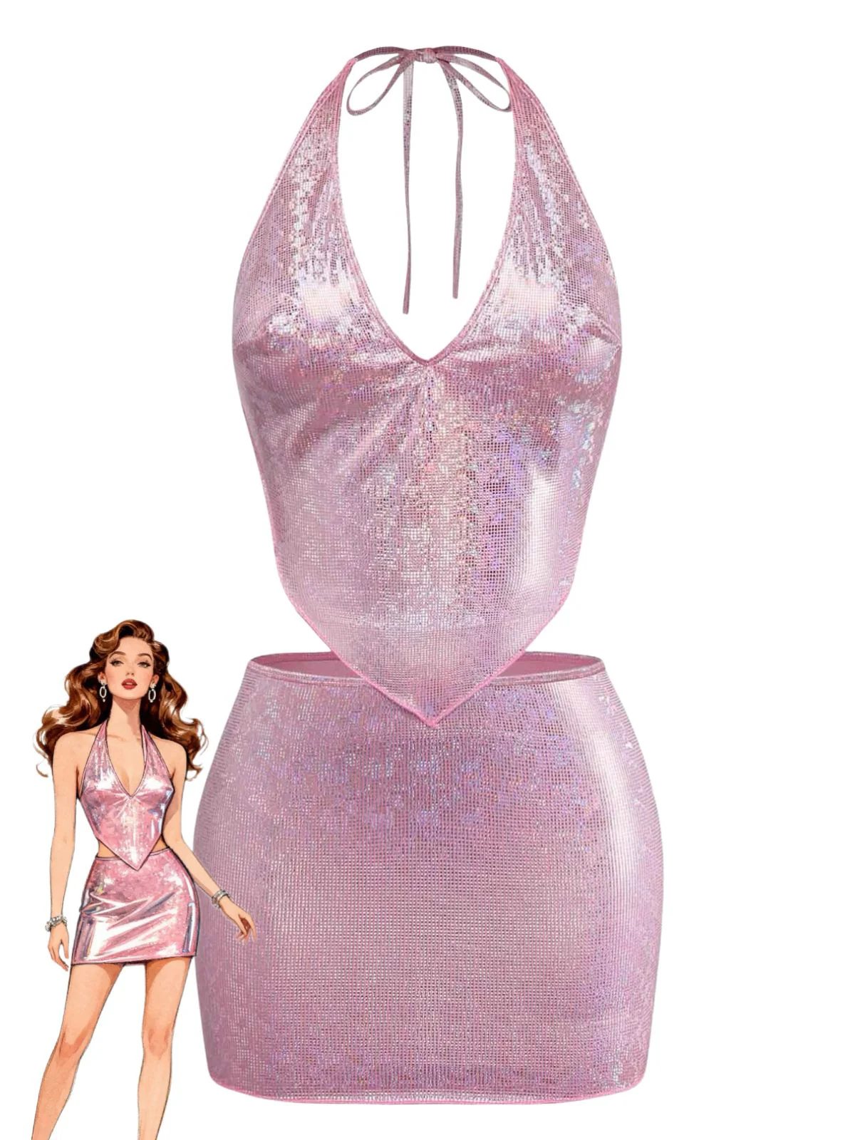 Pink 1960s Sequin Metallic Halter Bikini Set & Cover-up Skirt
