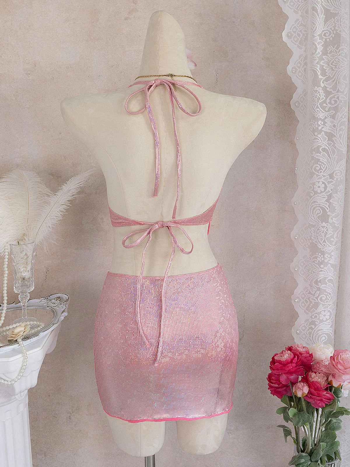 Pink 1960s Sequin Metallic Halter Bikini Set & Cover-up Skirt - Image 10