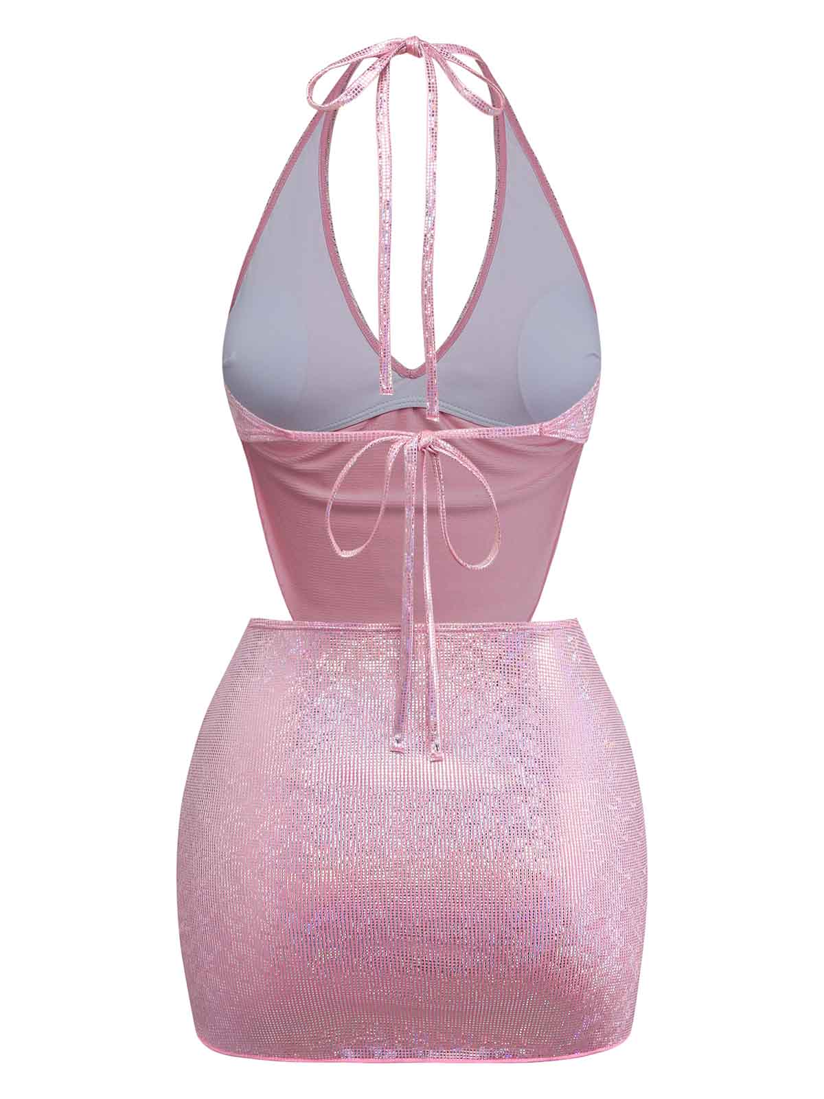Pink 1960s Sequin Metallic Halter Bikini Set & Cover-up Skirt - Image 3
