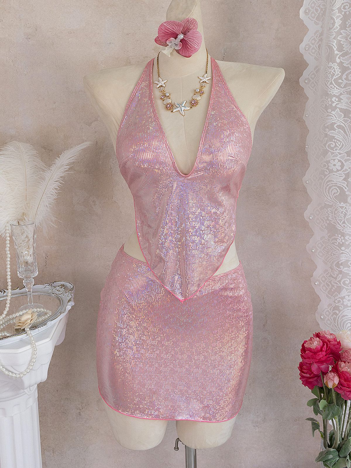 Pink 1960s Sequin Metallic Halter Bikini Set & Cover-up Skirt - Image 9
