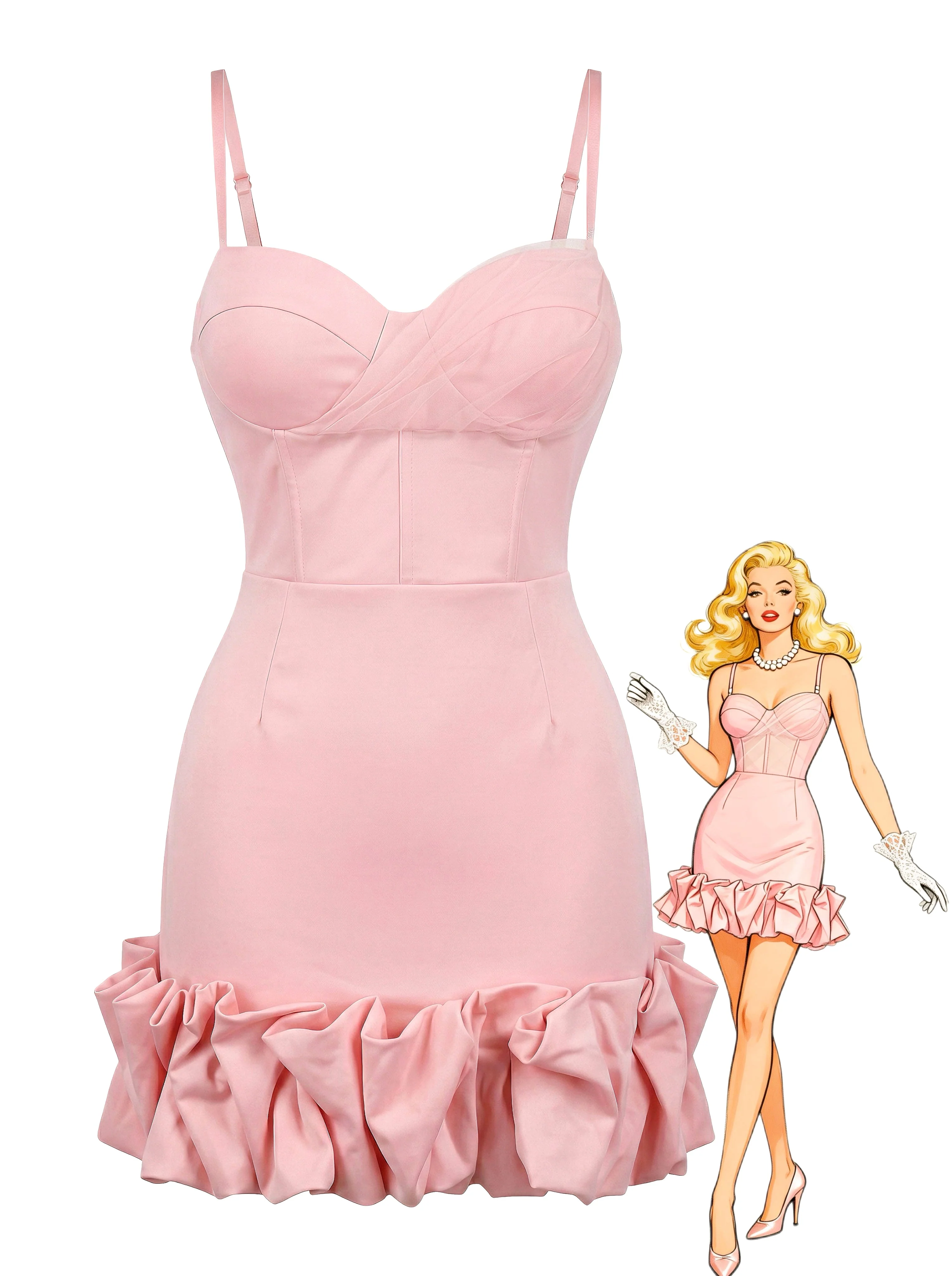 Pink 1960s Spaghetti Strap Ruffle Hem Dress